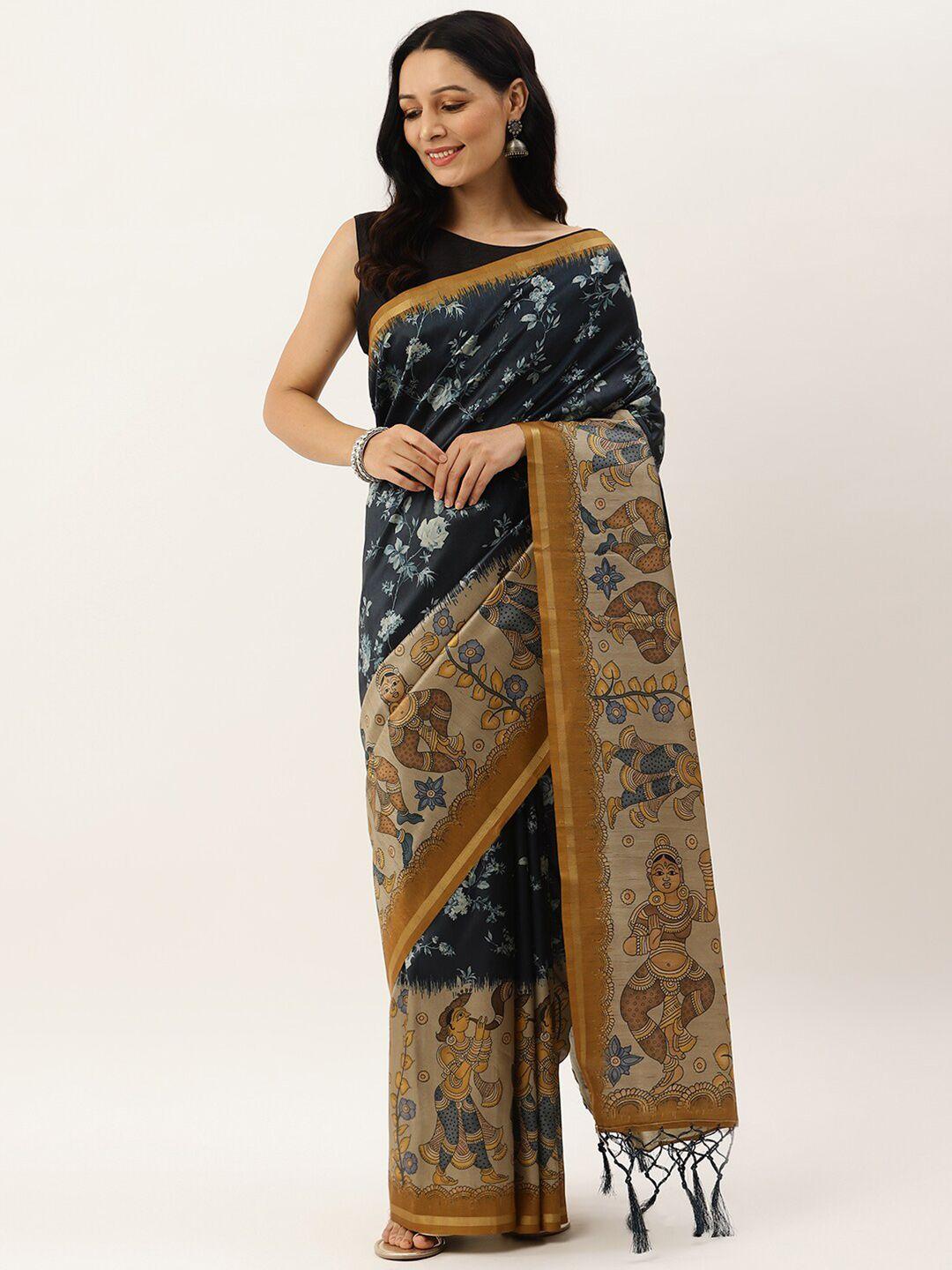 vishnu weaves navy blue & brown ethnic motifs zari jute silk tussar saree