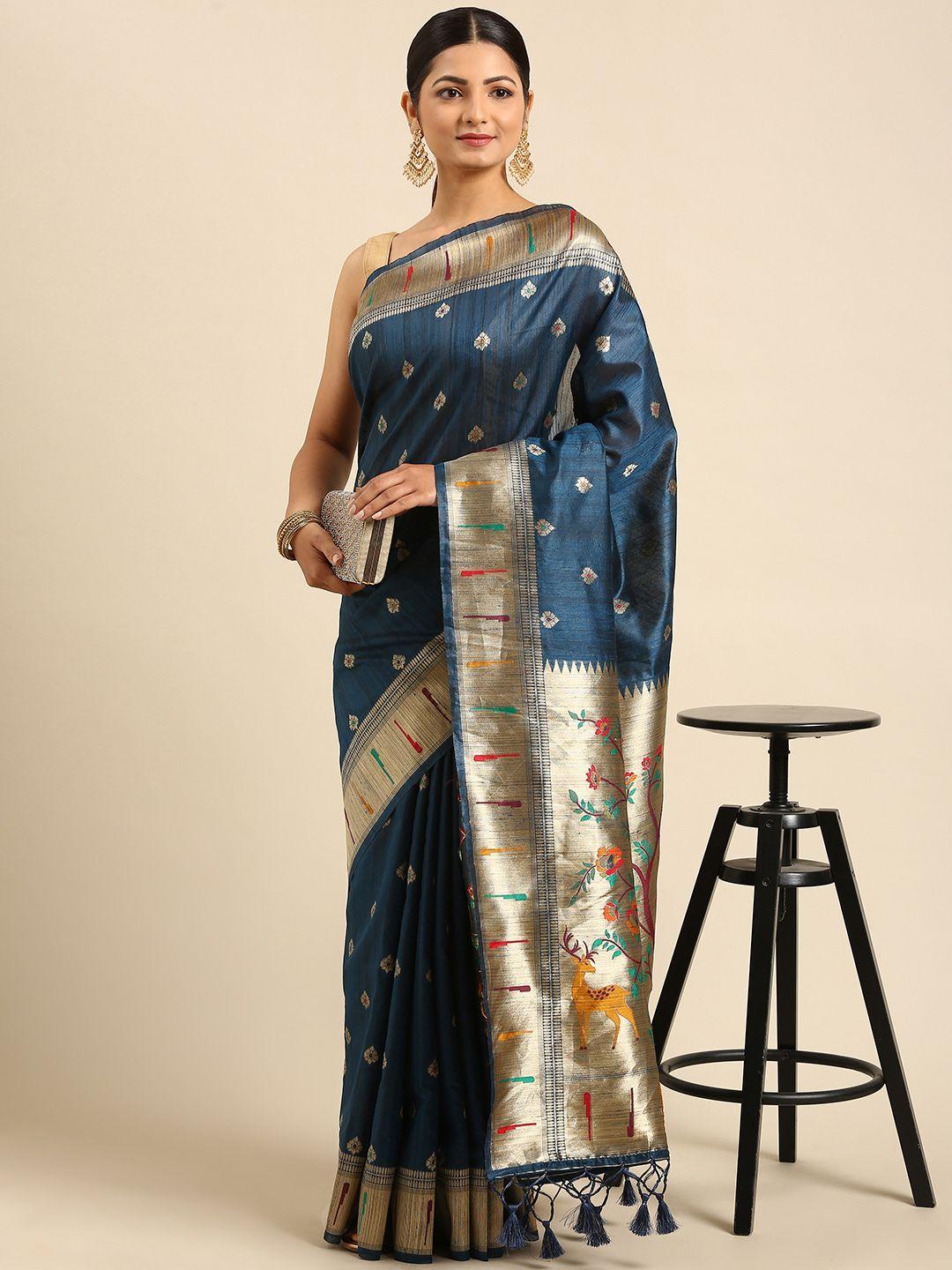 vishnu weaves navy blue & gold-toned ethnic motifs jute silk paithani saree