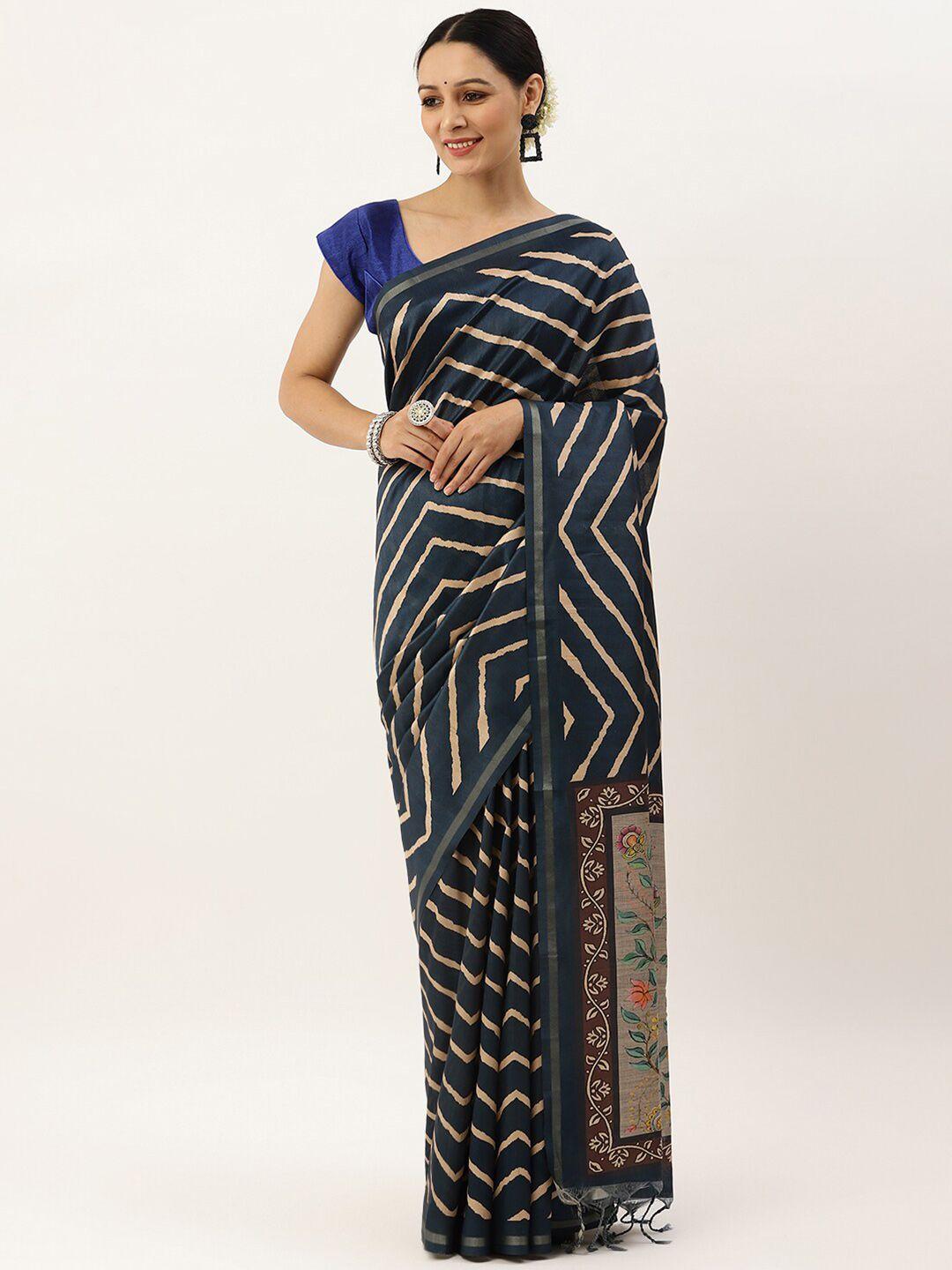 vishnu weaves navy blue & gold-toned ethnic motifs jute silk tussar saree