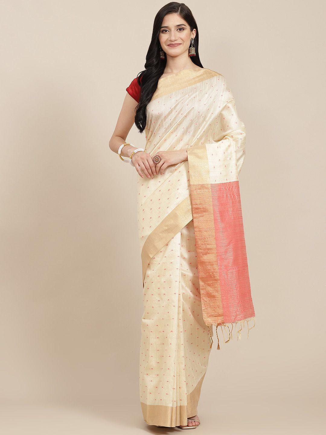 vishnu weaves off white bandhani print saree