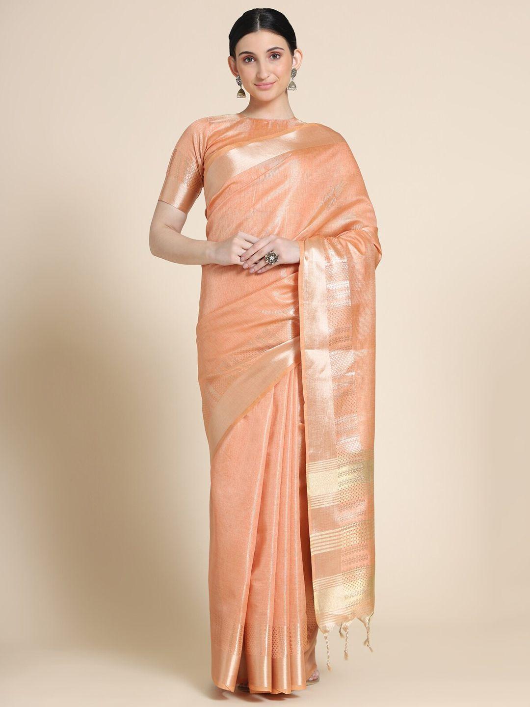 vishnu weaves orange & gold-toned woven design zari silk blend maheshwari saree