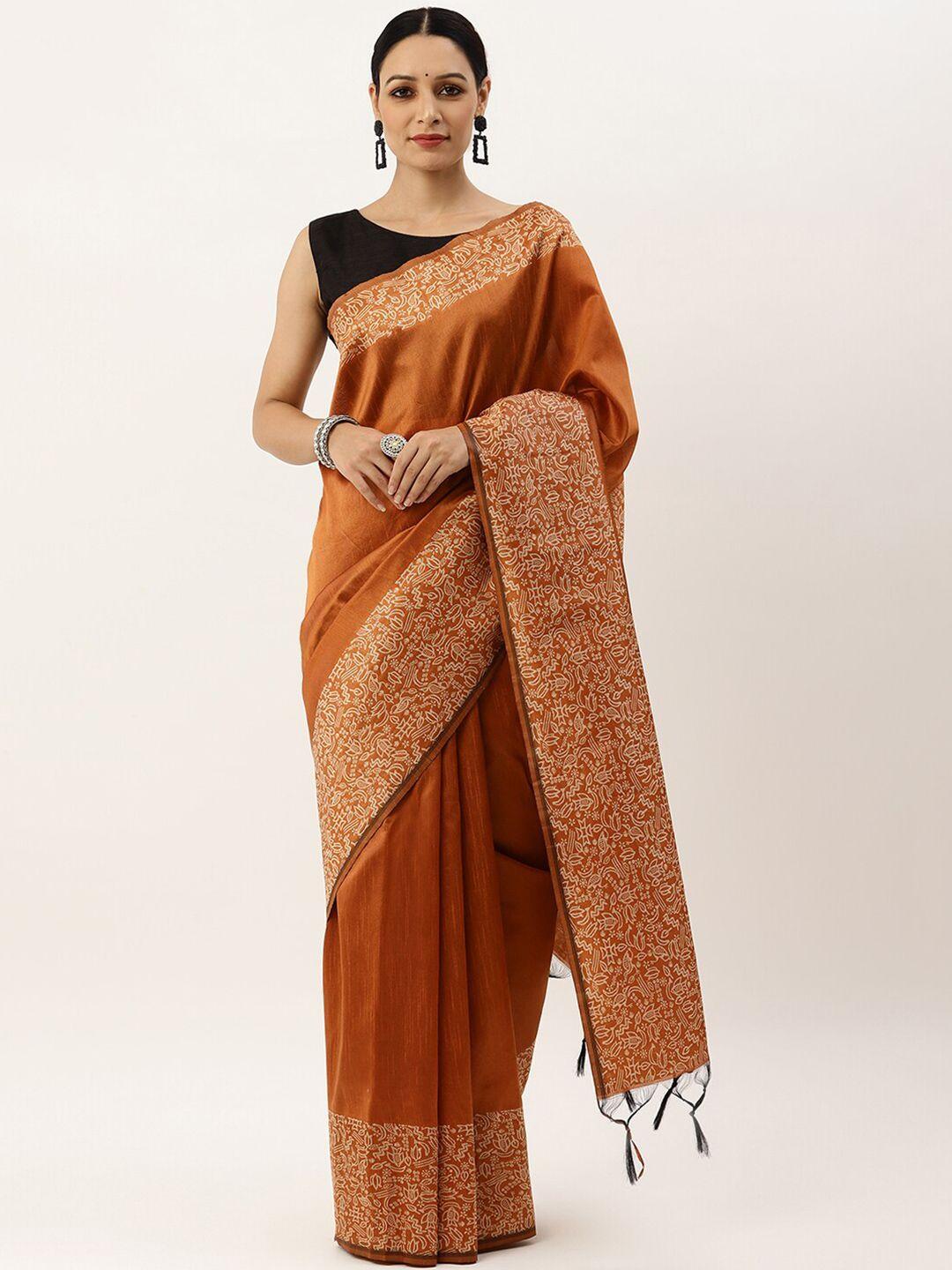 vishnu weaves orange & off white woven design bhagalpuri saree