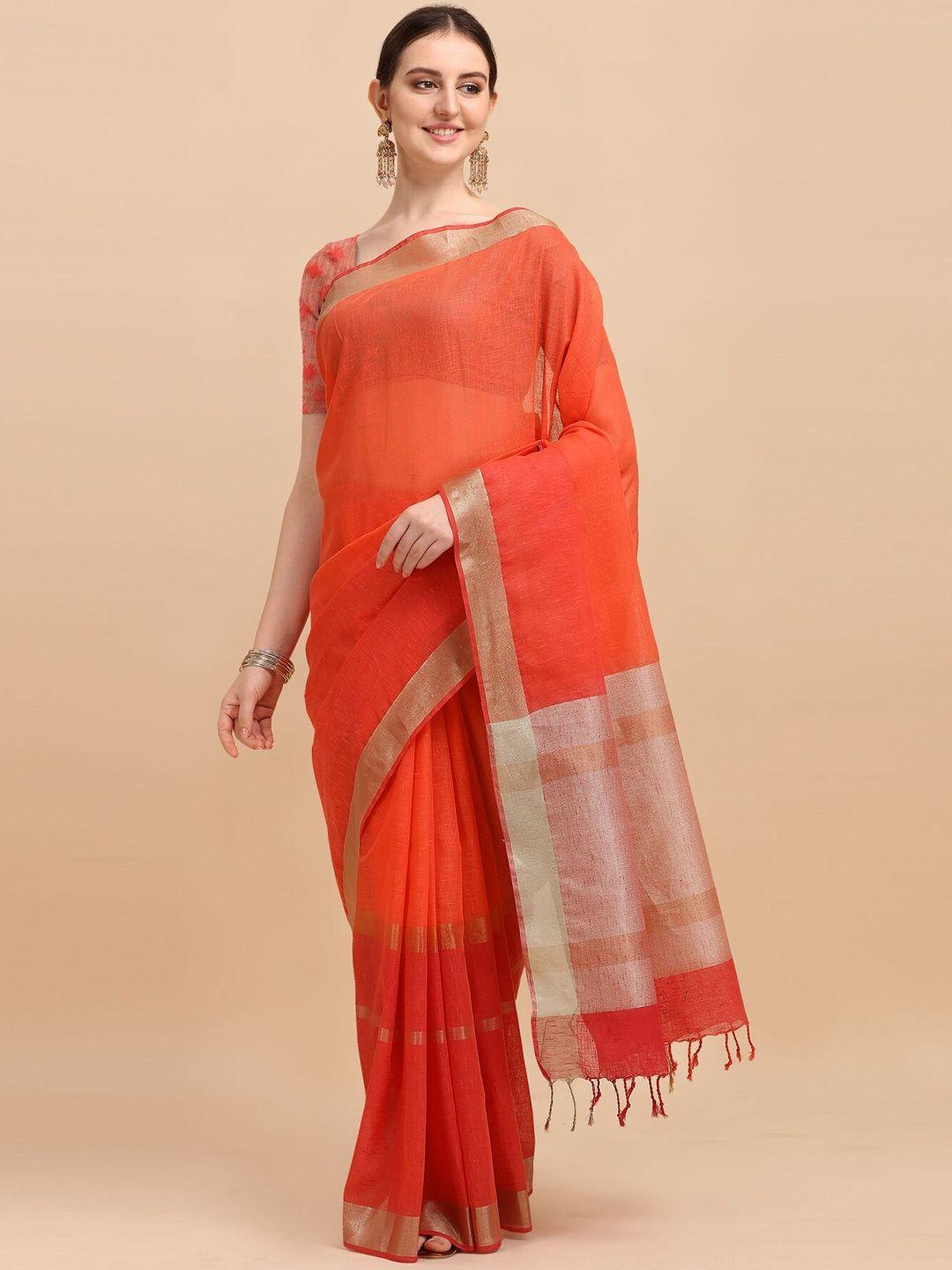 vishnu weaves orange & red zari pure linen banarasi saree