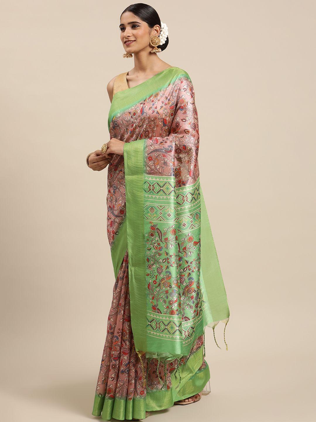 vishnu weaves peach-coloured & green kalamkari zari silk cotton saree