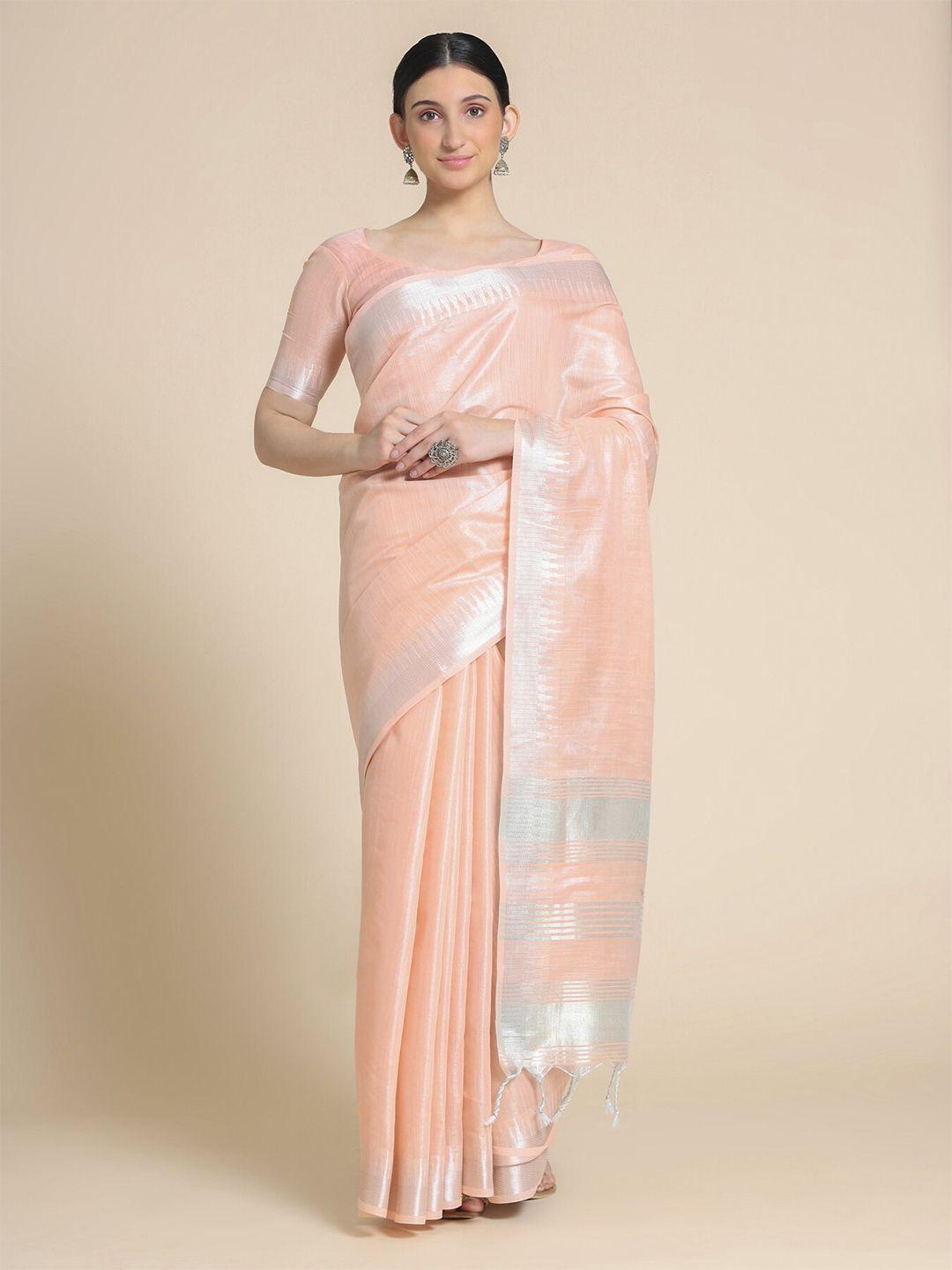 vishnu weaves peach-coloured & silver-toned zari tissue banarasi saree