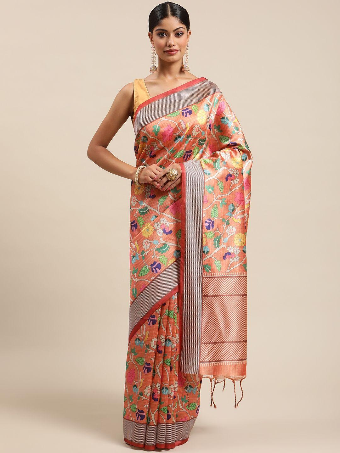 vishnu weaves peach-coloured & yellow ethnic motifs silk cotton paithani saree