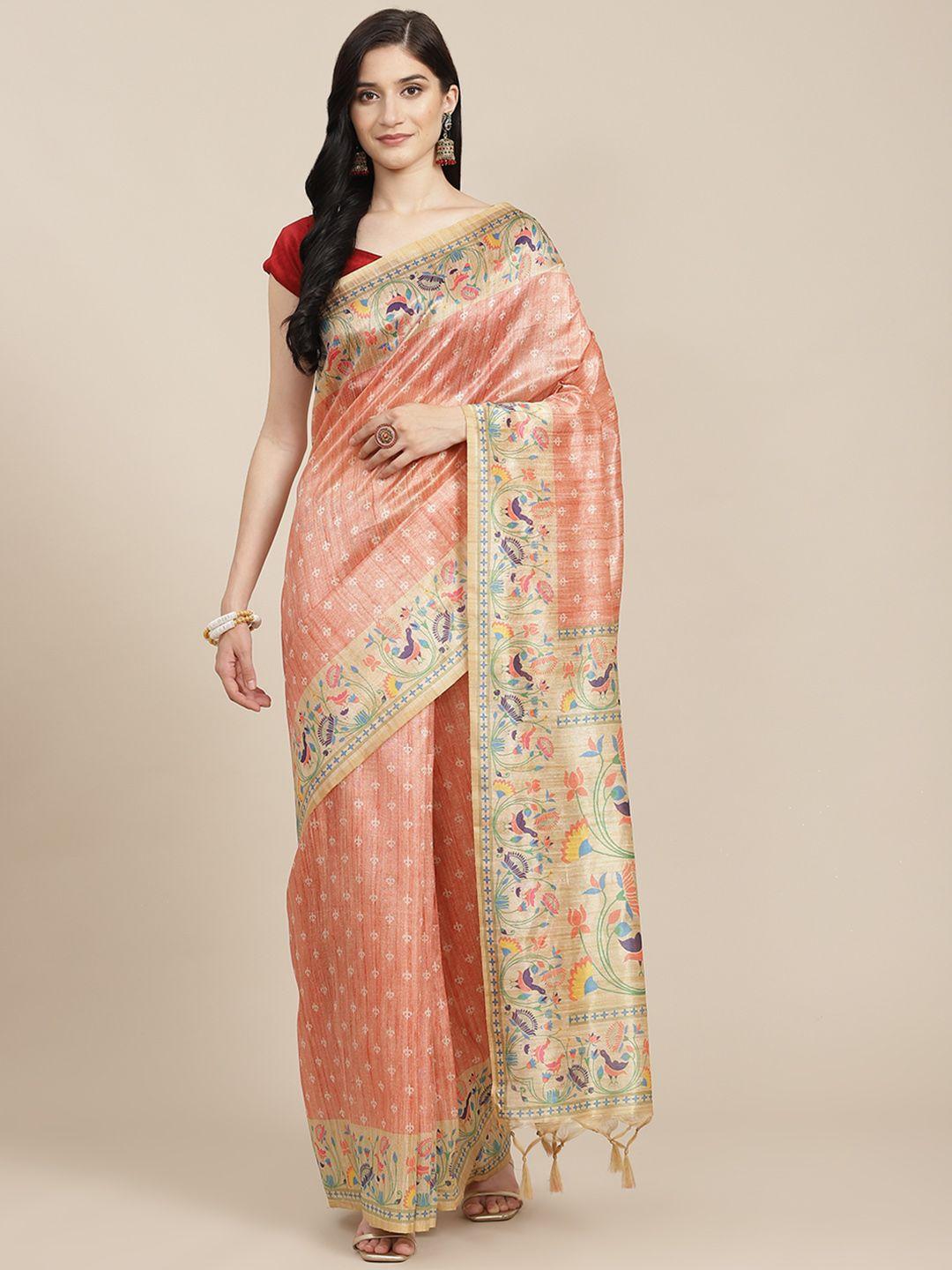 vishnu weaves peach-coloured tussar silk paithani saree