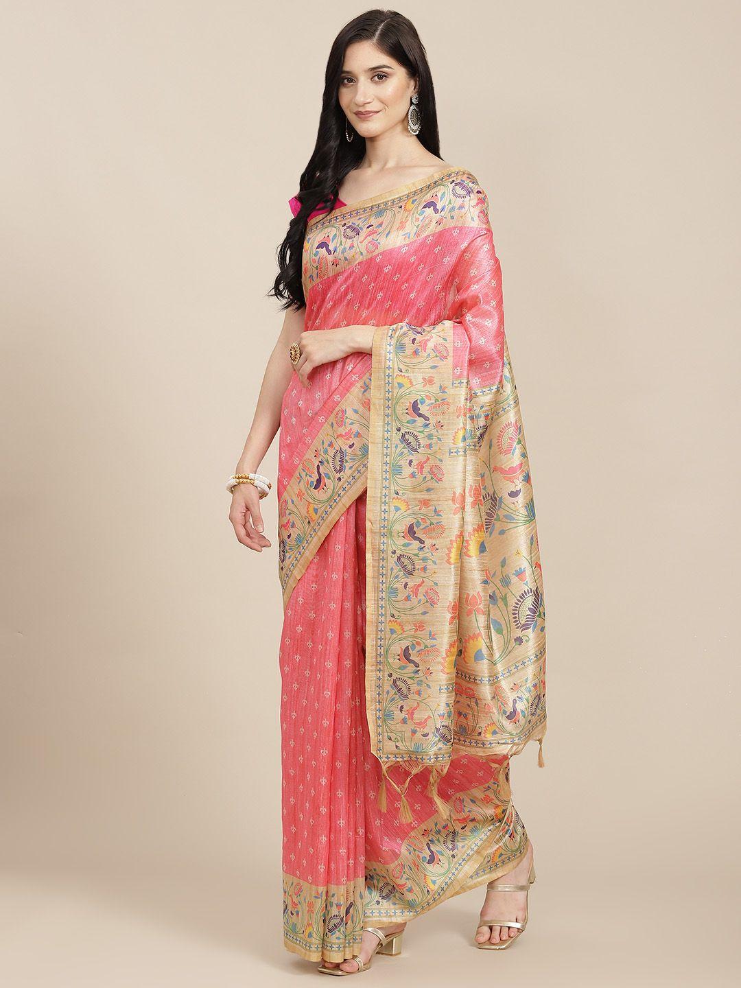 vishnu weaves pink & beige ethnic motifs jute silk saree