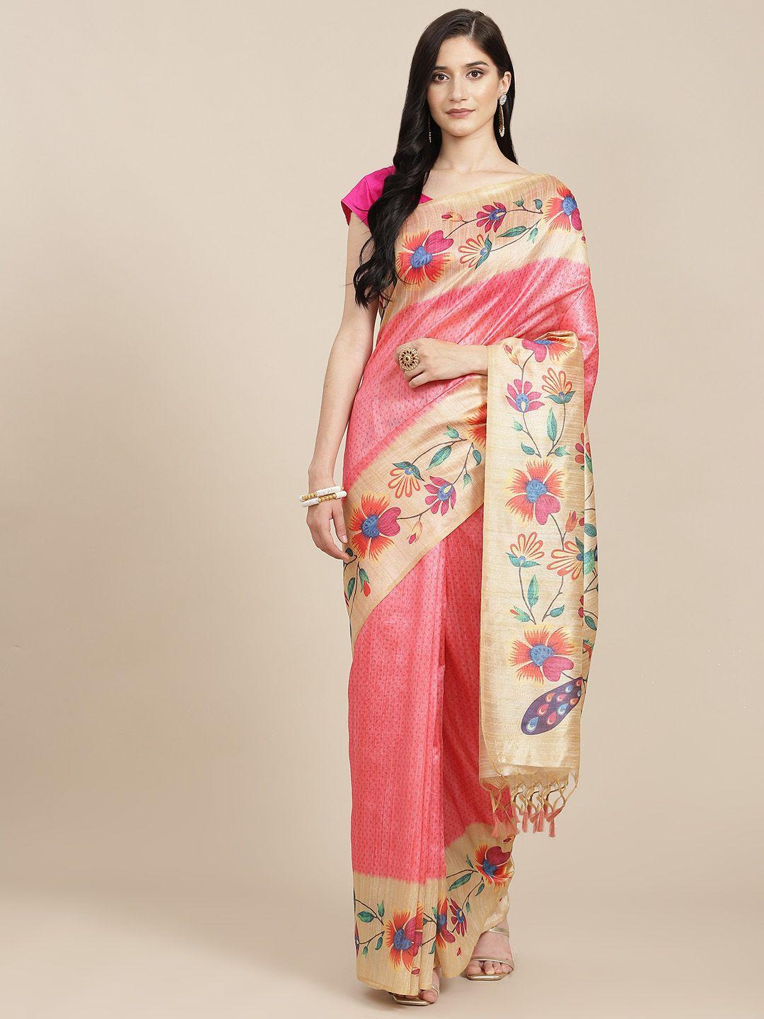 vishnu weaves pink & beige ethnic motifs tussar  silk saree