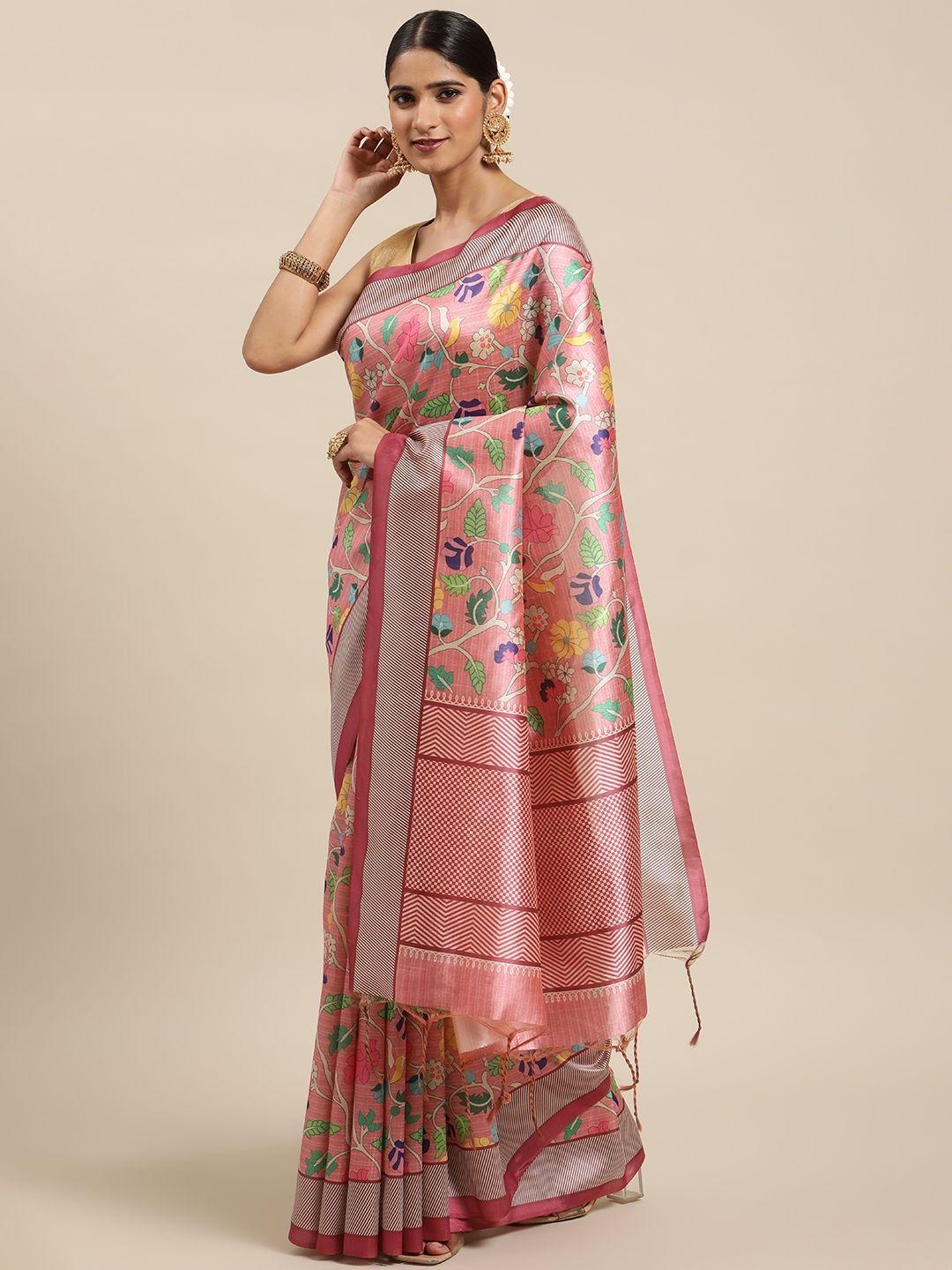 vishnu weaves pink & cream-coloured ethnic motifs silk cotton ready to wear paithani saree