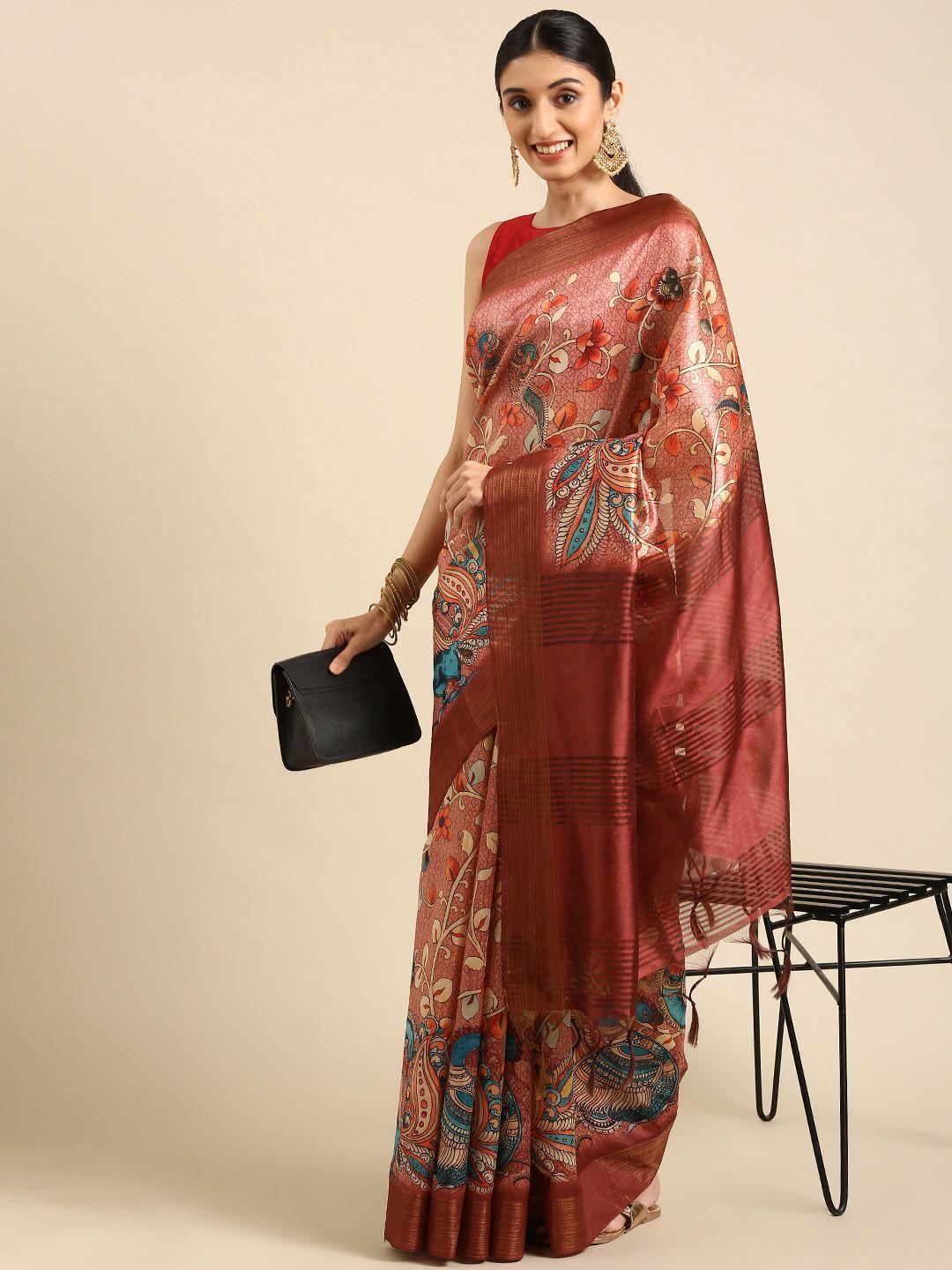 vishnu weaves pink & red kalamkari ready to wear tussar saree