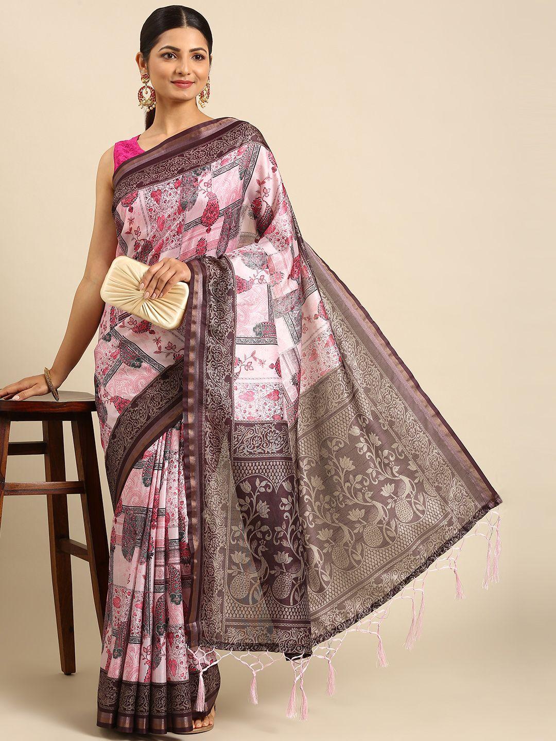 vishnu weaves pink kalamkari print silk cotton tussar saree