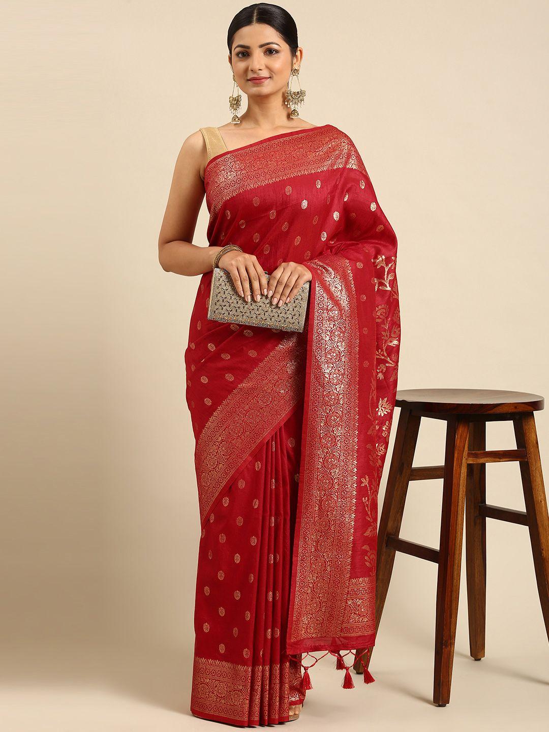 vishnu weaves red & gold-toned ethnic motifs jute silk banarasi saree