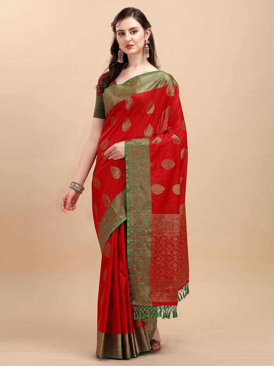 vishnu weaves red & green ethnic motifs zari silk blend banarasi saree