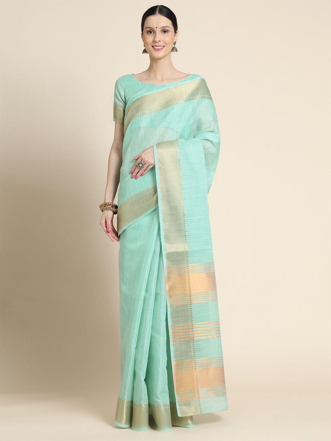 vishnu weaves sea green & gold-toned zari pure linen saree
