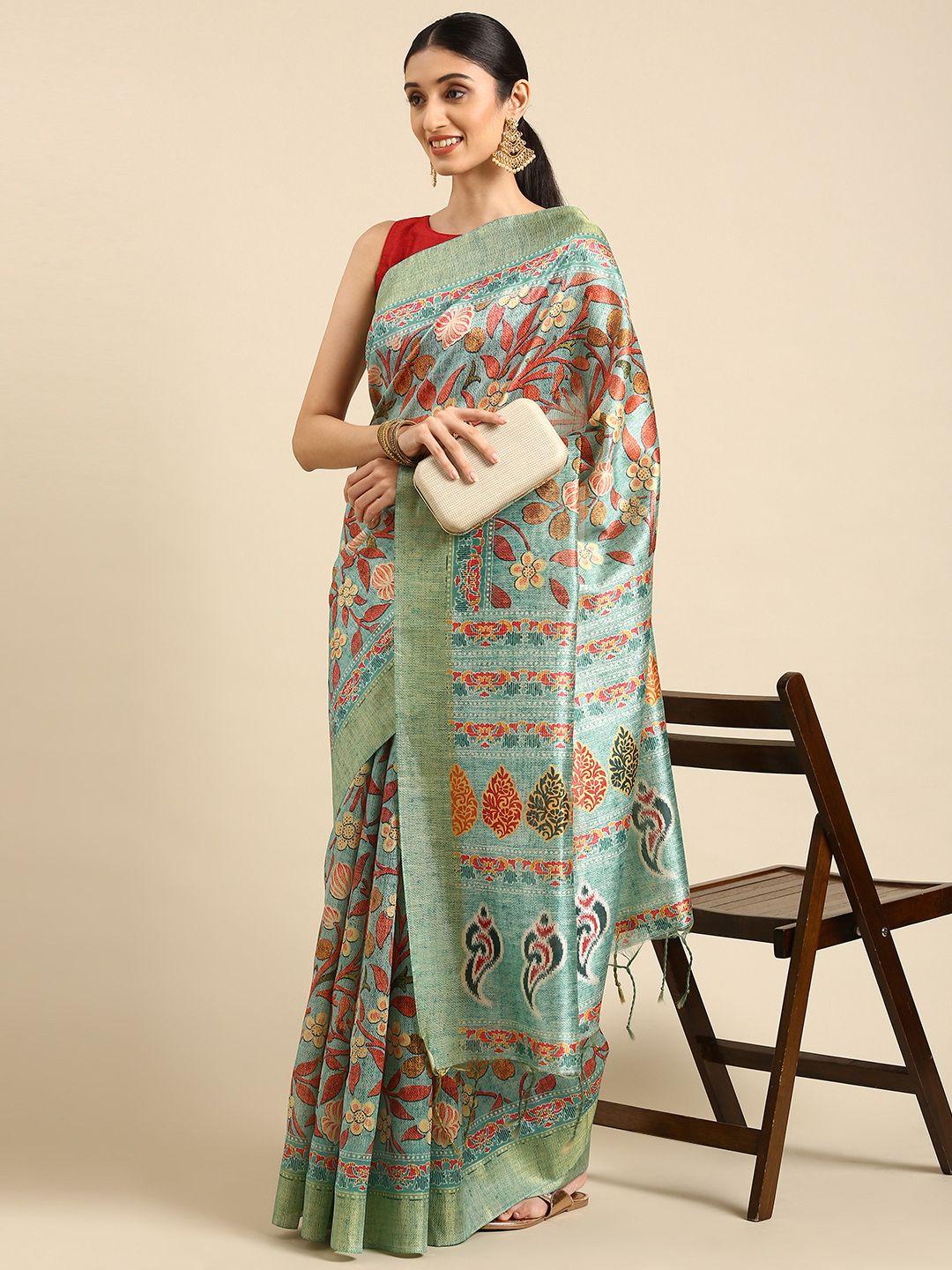 vishnu weaves sea green & peach-coloured floral print jute silk tussar saree