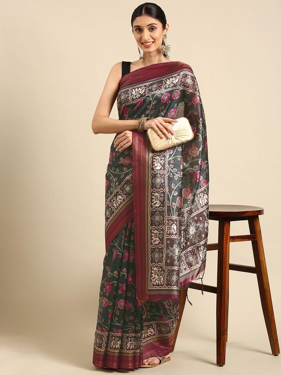 vishnu weaves teal & beige kalamkari jute silk tussar saree