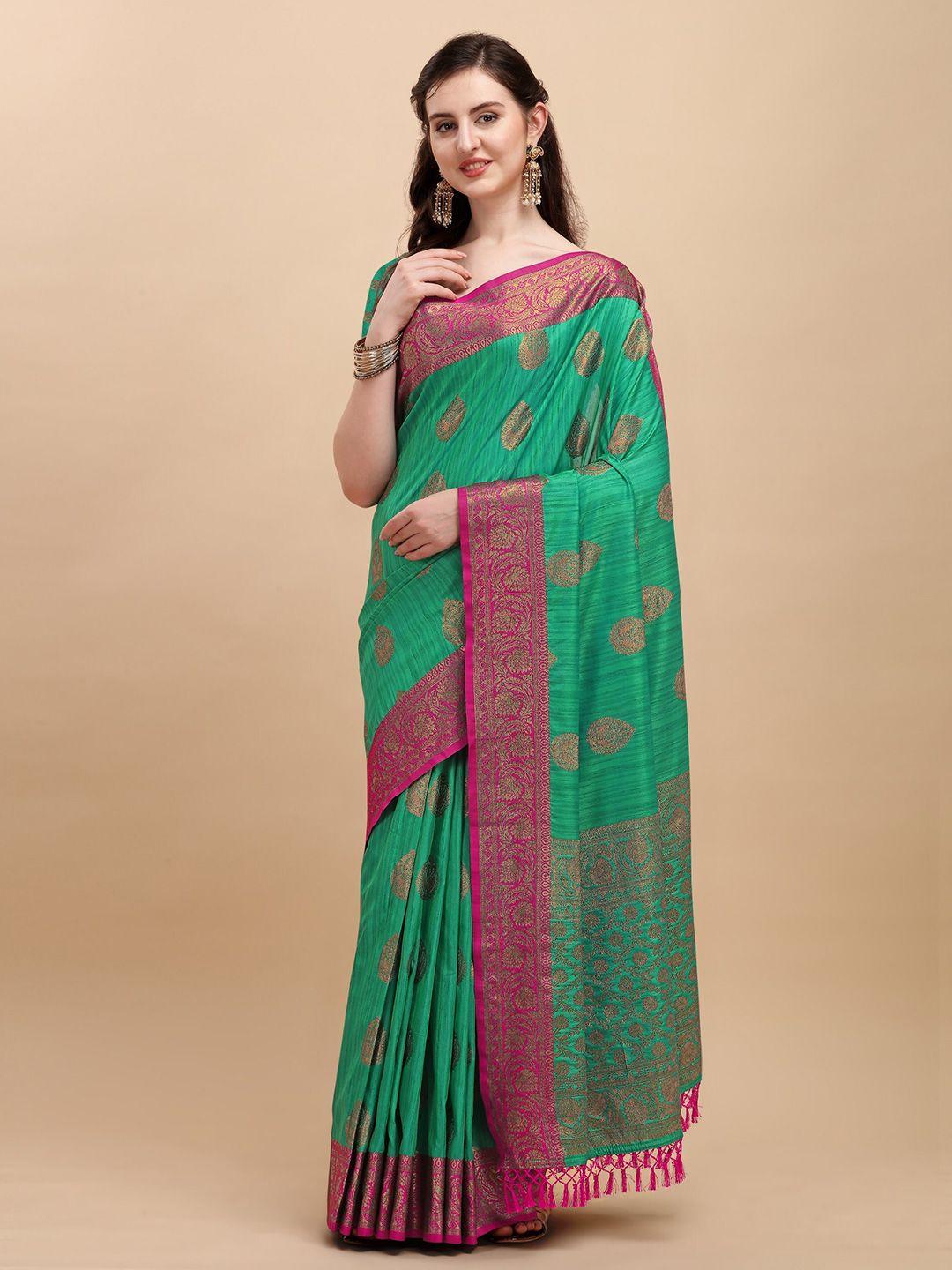 vishnu weaves turquoise blue & pink woven design zari silk blend banarasi saree