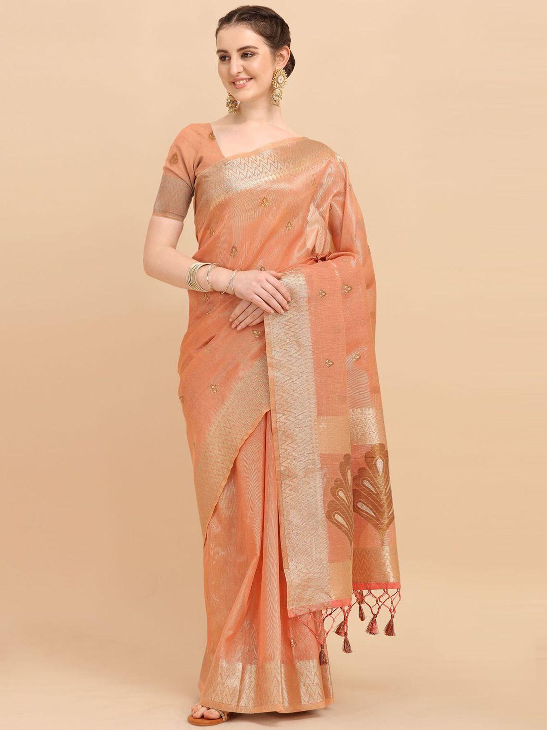 vishnu weaves women peach & gold-toned ethnic motifs zari tissue banarasi saree