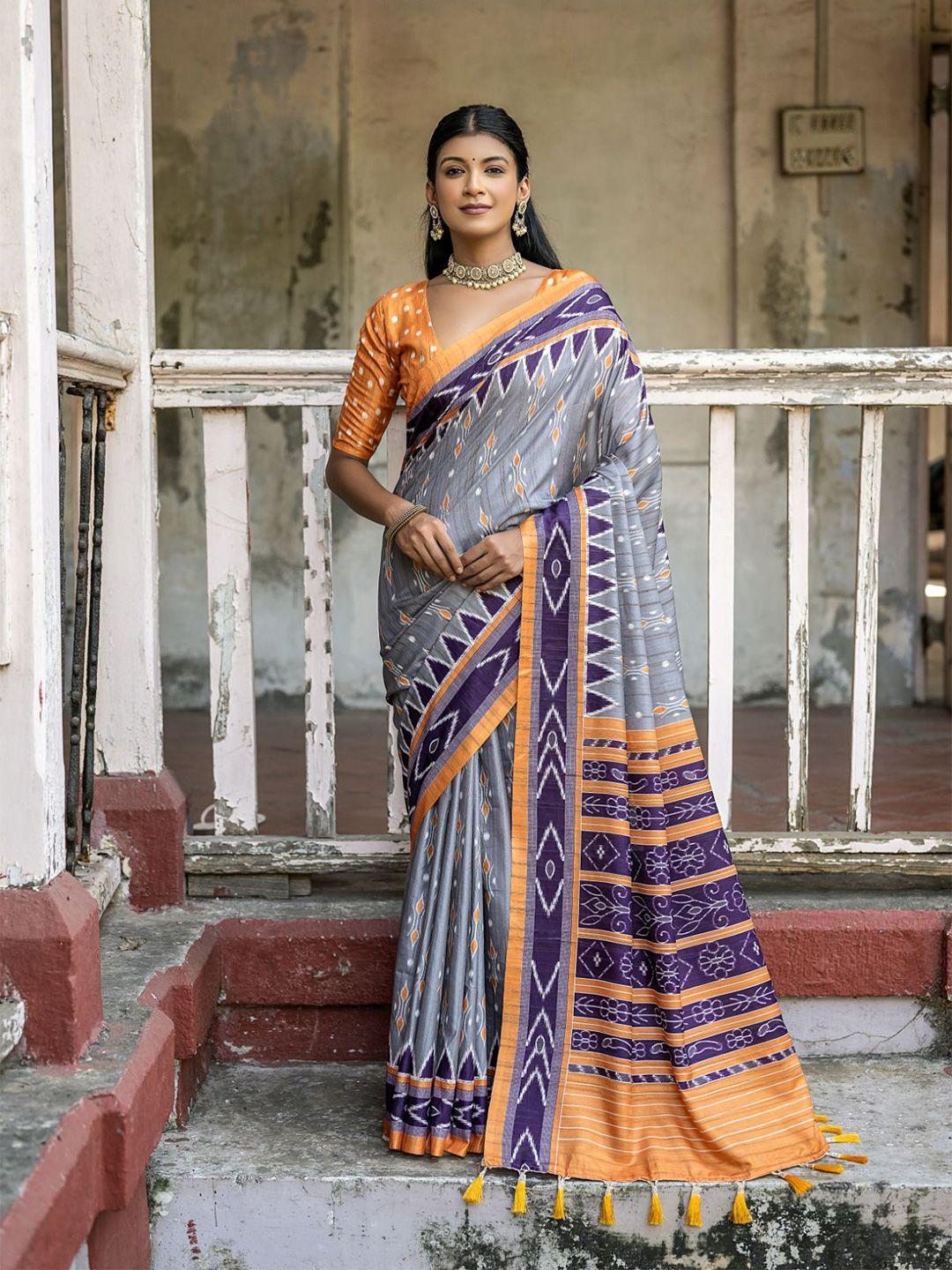 vishnu weaves woven design ajrak printed ikat saree with tassels