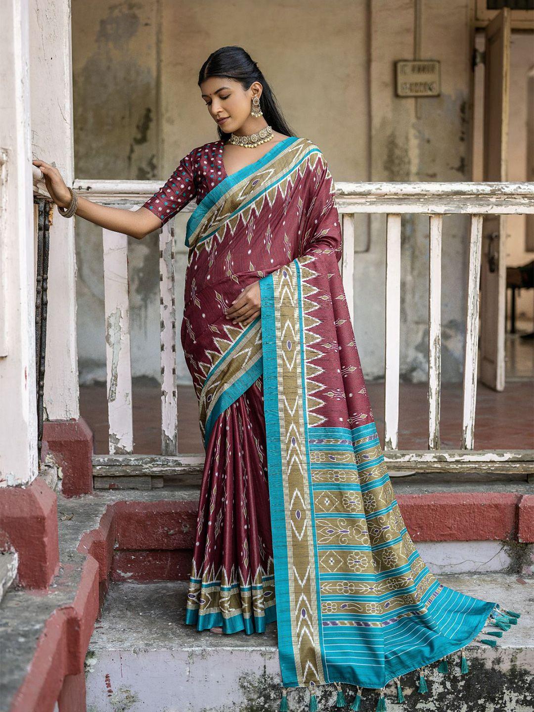 vishnu weaves woven design ajrak printed zari ikat saree with tassels