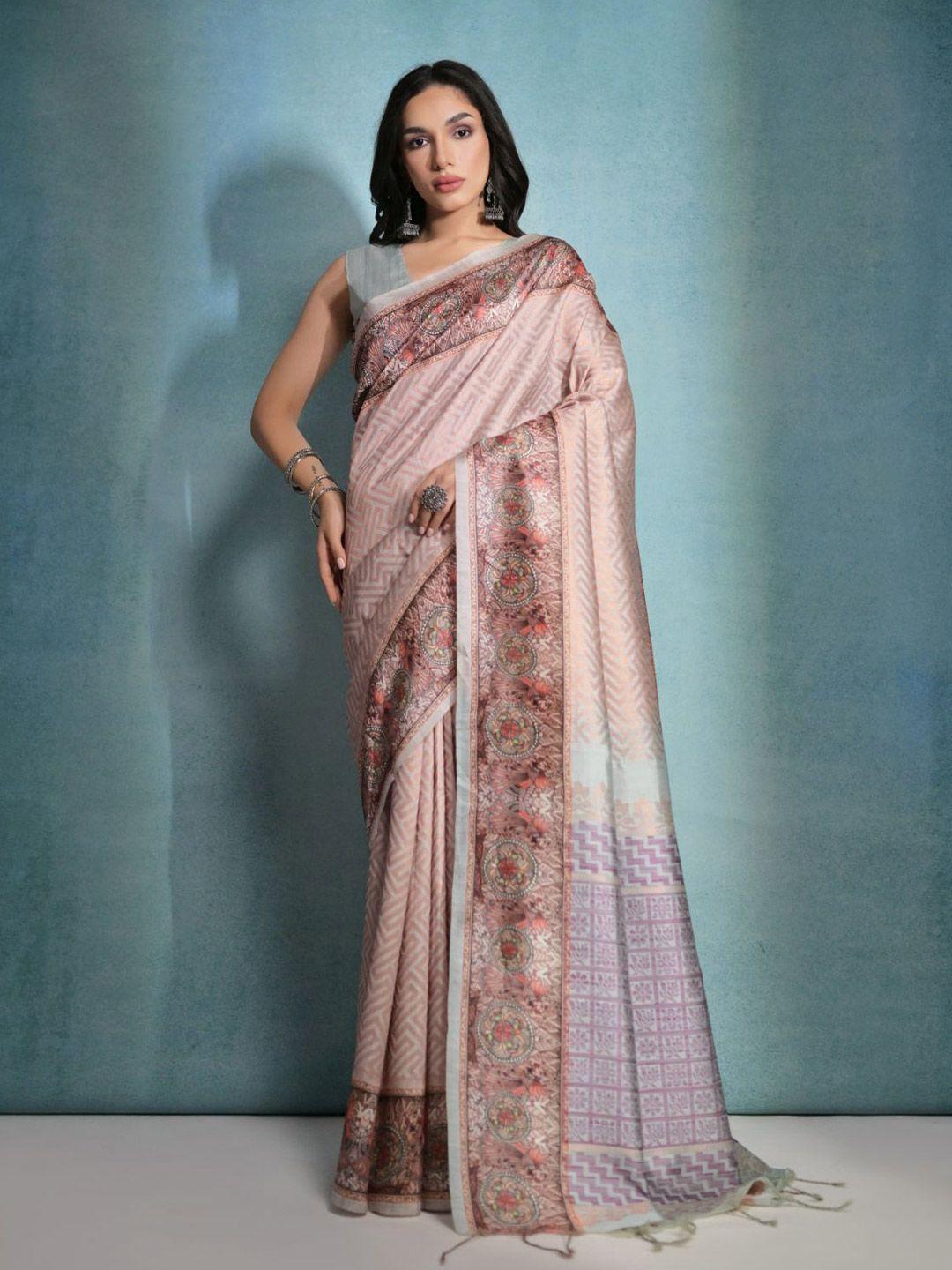 vishnu weaves woven design zari zigzag printed tussar saree with tassels