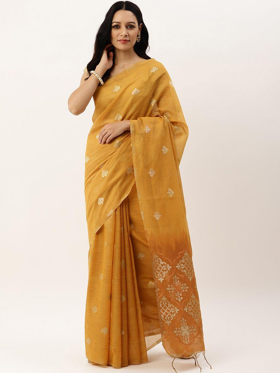 vishnu weaves yellow & gold-toned woven design zari pure linen banarasi saree