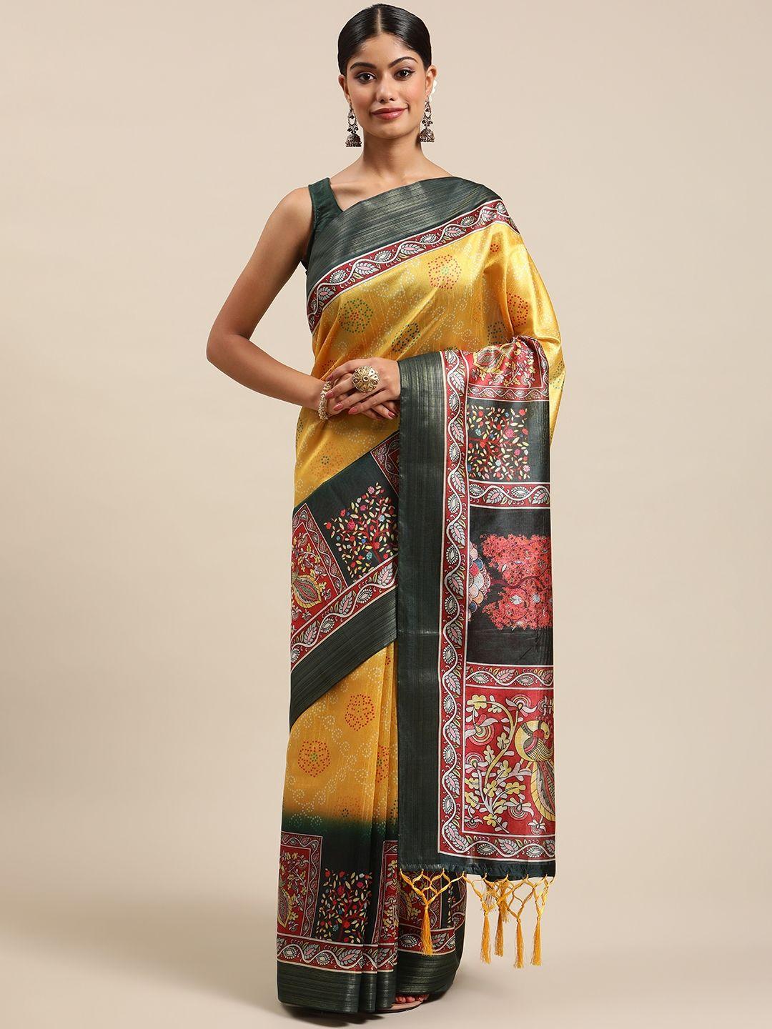 vishnu weaves yellow & green bandhani zari silk cotton tussar saree