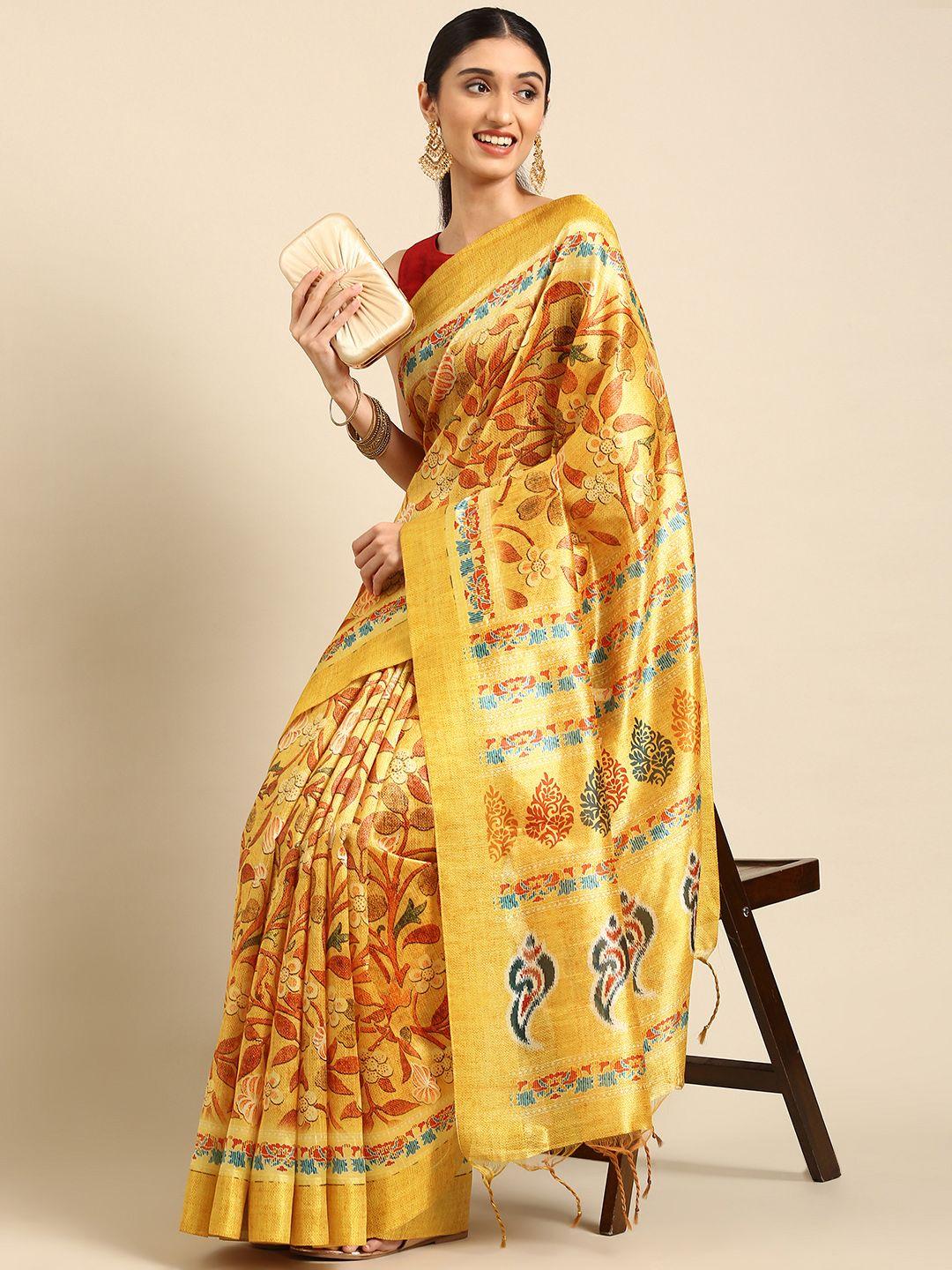 vishnu weaves yellow & peach-coloured floral print jute silk tussar saree