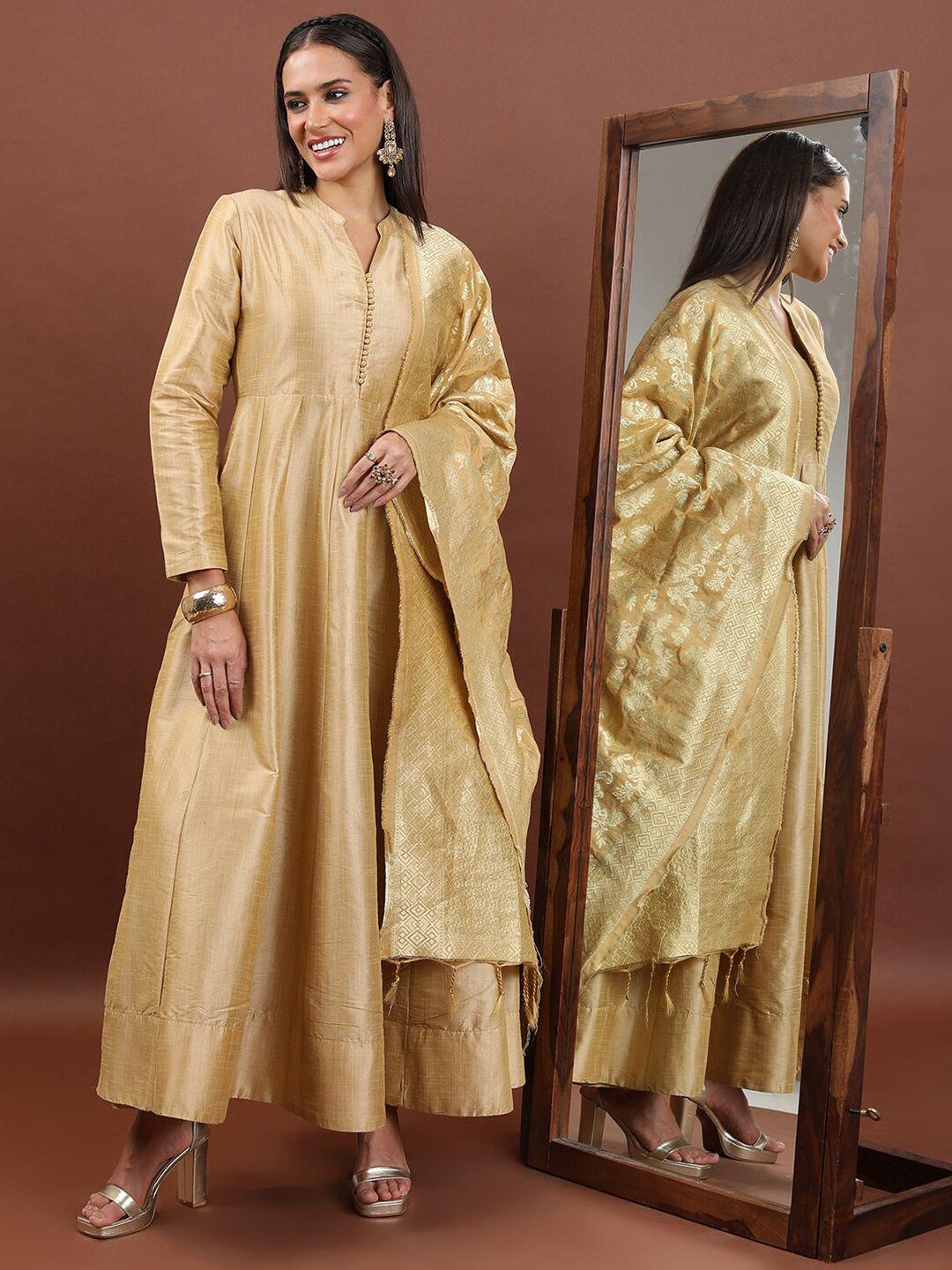 vishudh beige mandarin collar maxi ethnic dress with dupatta