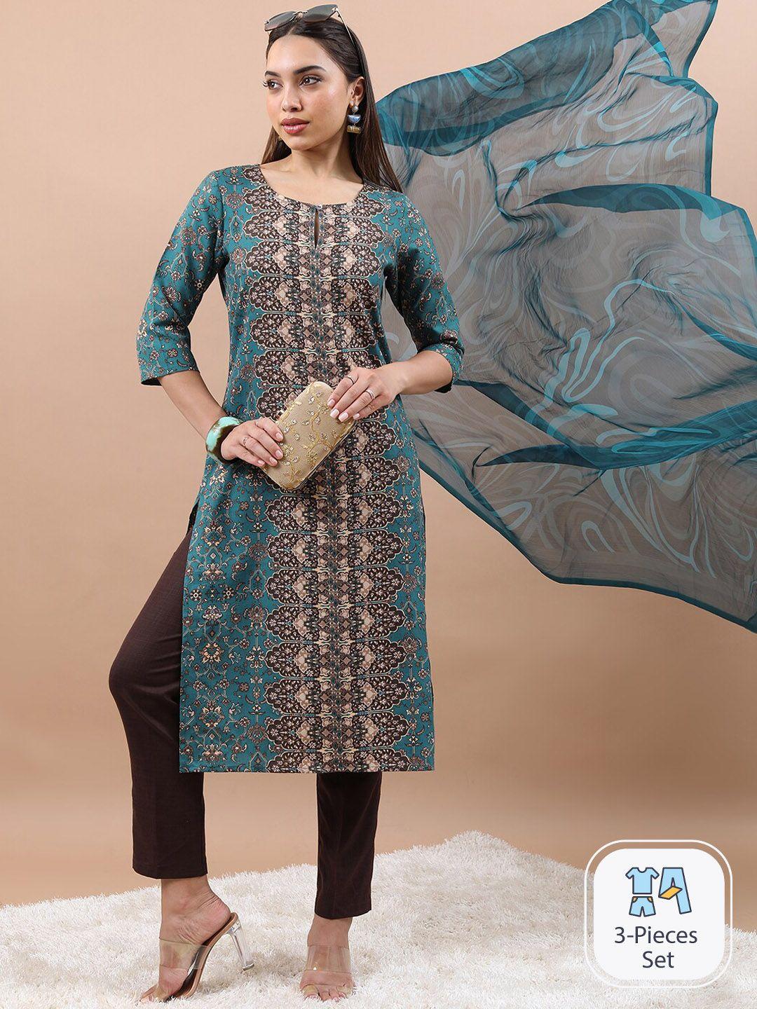 vishudh ethnic motifs printed kurta & trousers with dupatta