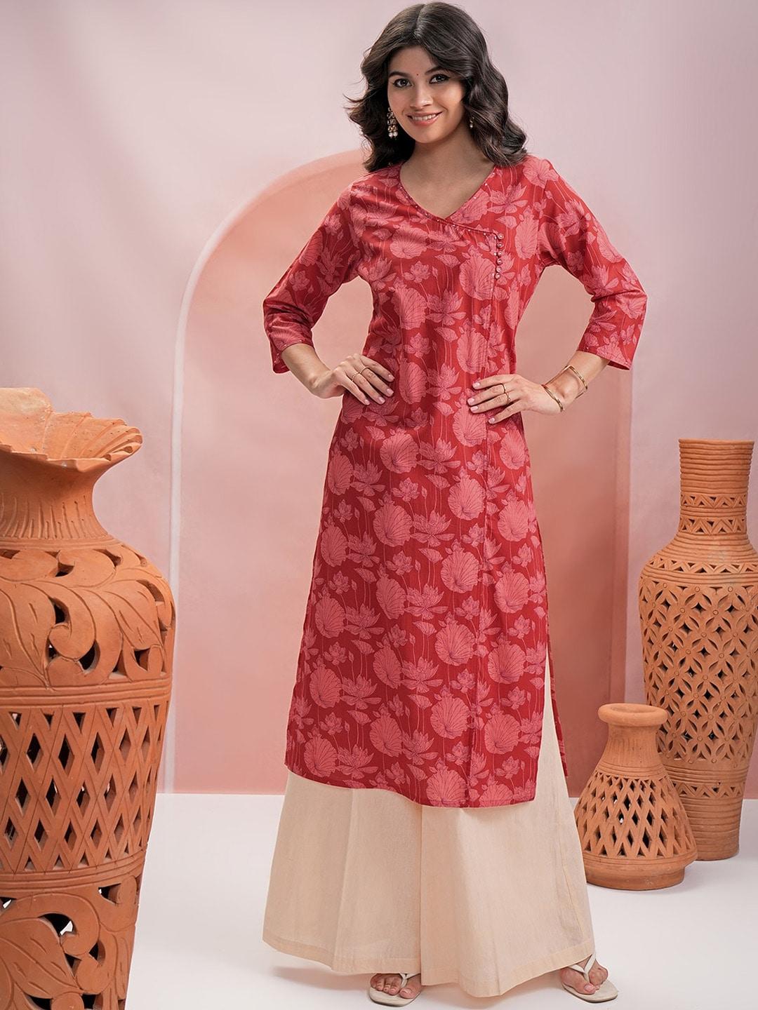 vishudh floral printed regular sleeves cotton sequinned kurta
