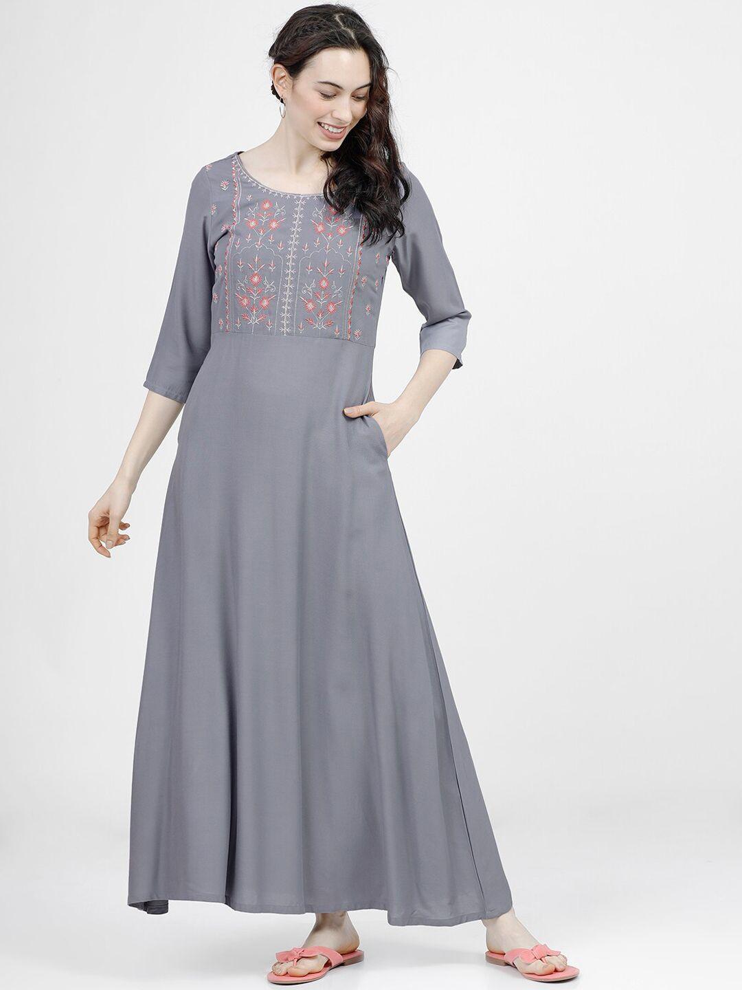 vishudh grey floral embroidered a-line maxi dress