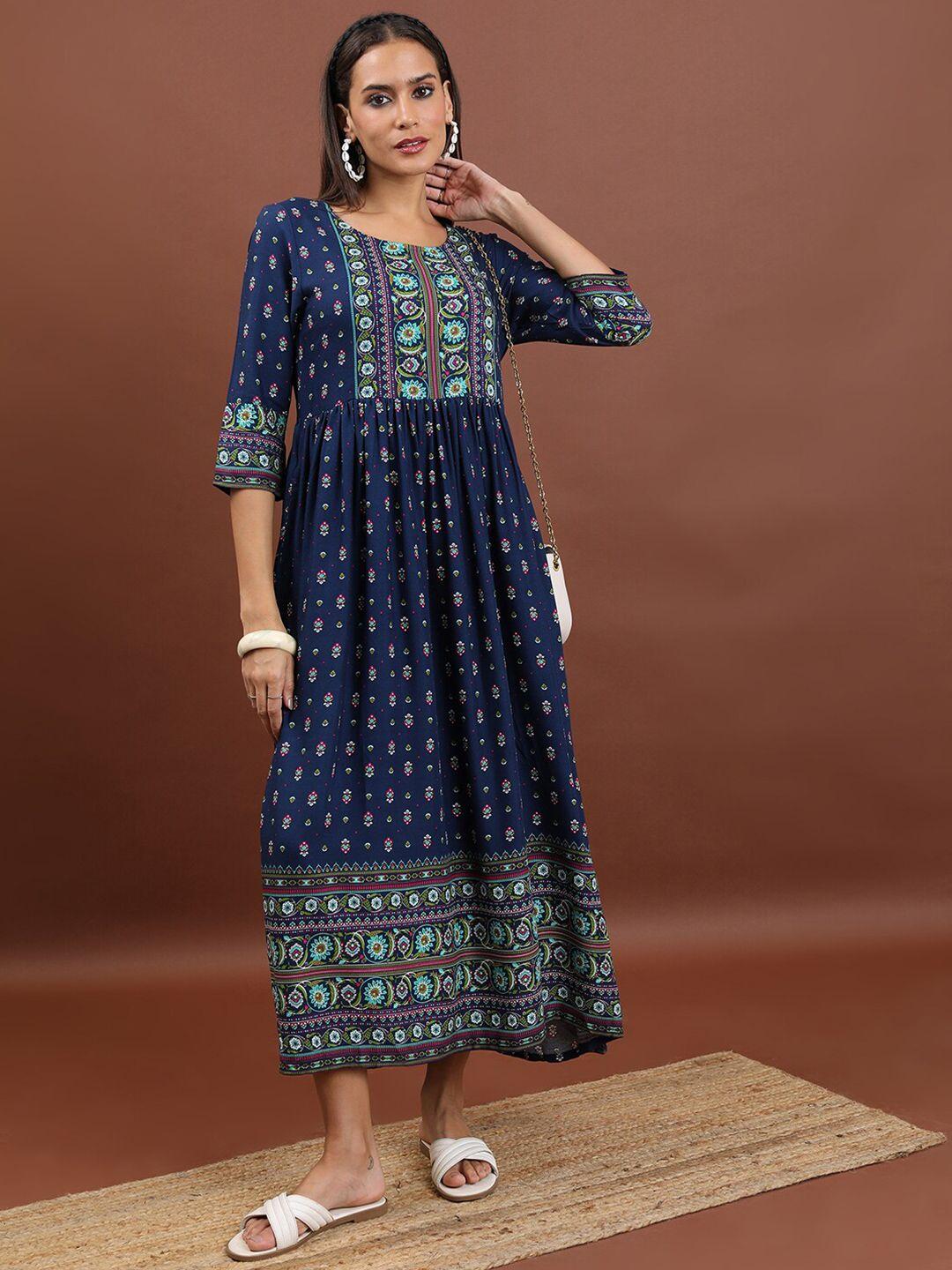 vishudh navy blue ethnic motifs printed fit and flare midi ethnic dress