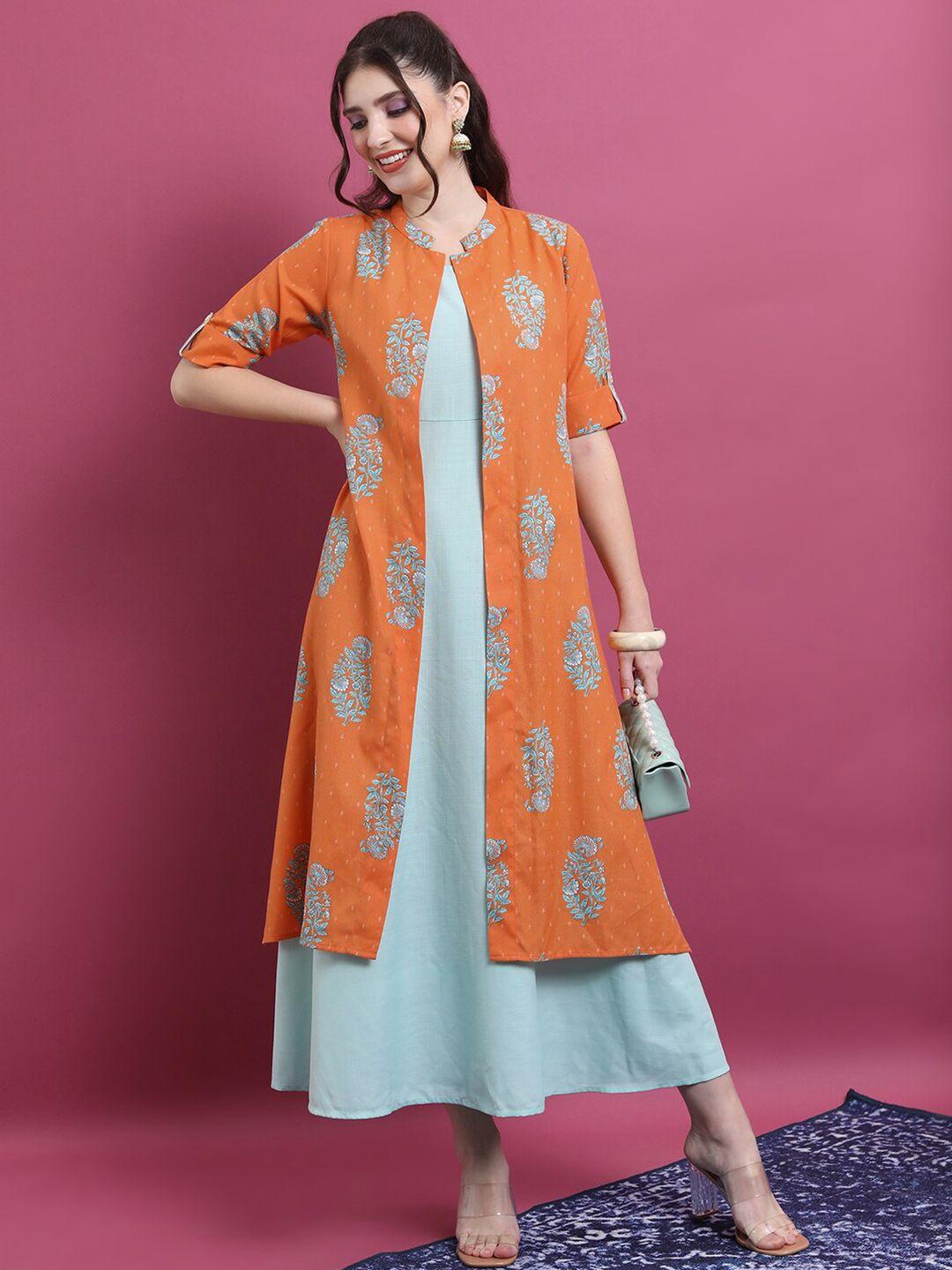 vishudh peach-coloured ethnic motifs printed a-line maxi ethnic dress with long overlay