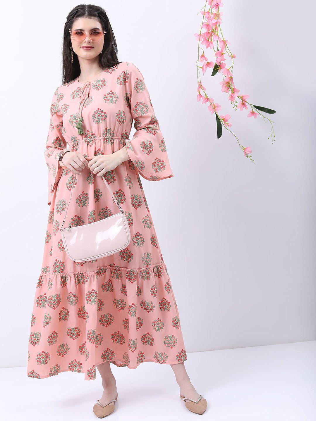 vishudh peach-coloured floral print bell sleeve maxi dress