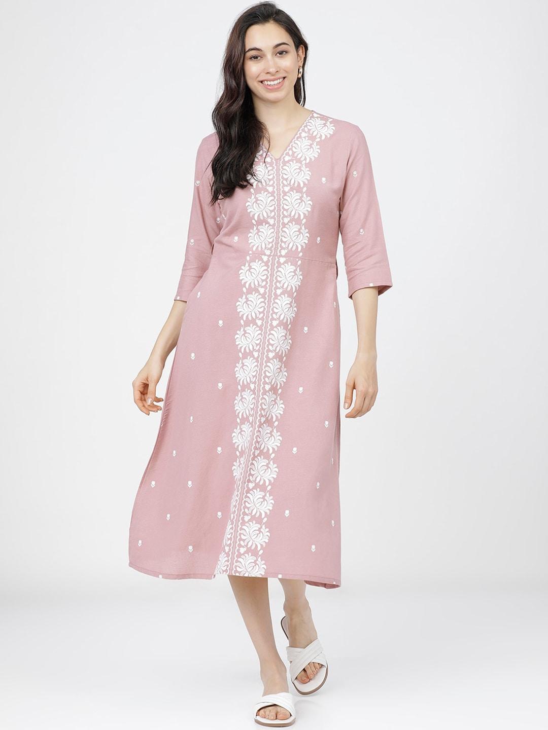vishudh pink & white ethnic motifs printed a-line midi dress