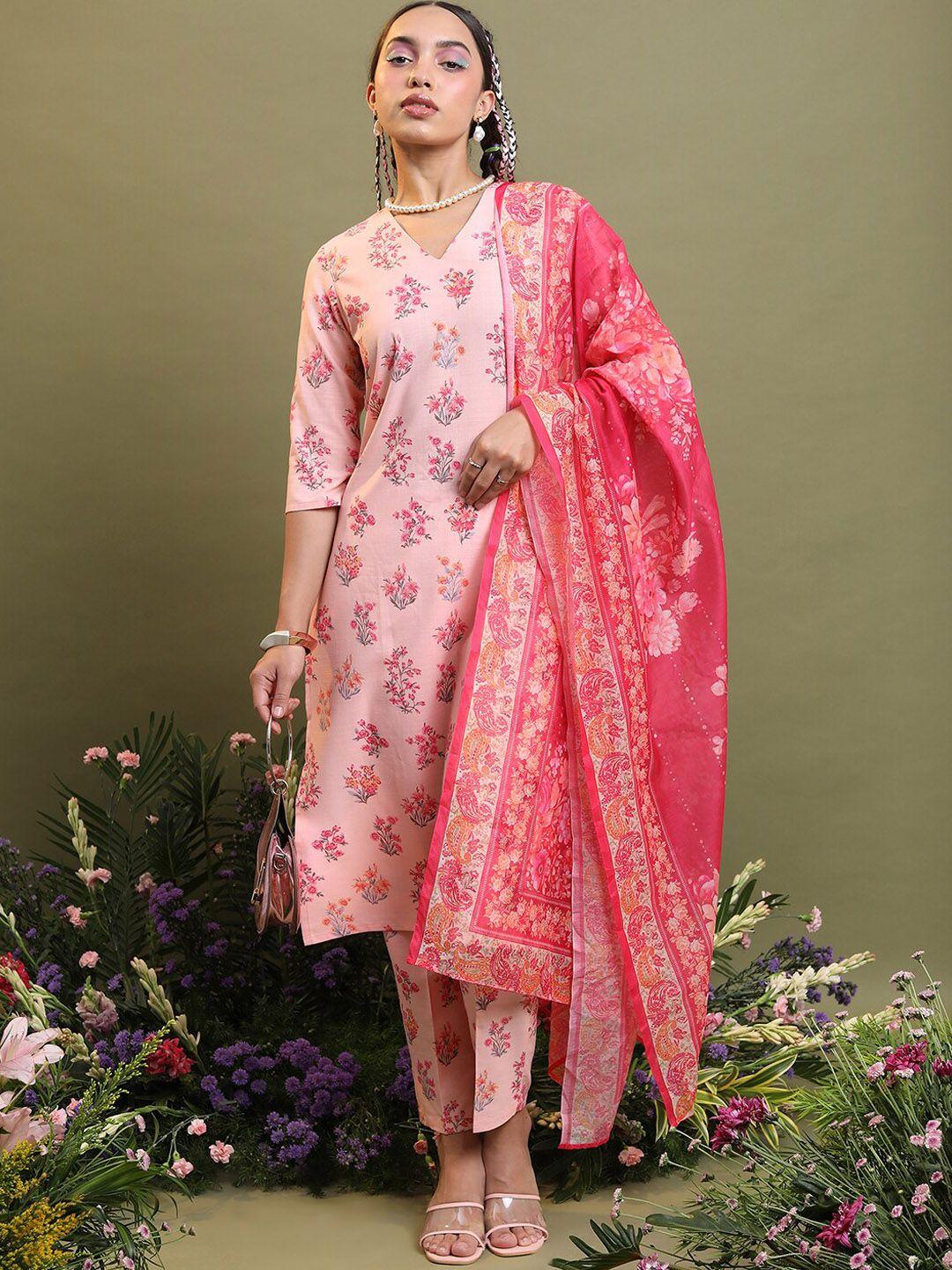vishudh pink floral printed kurta with trousers & dupatta