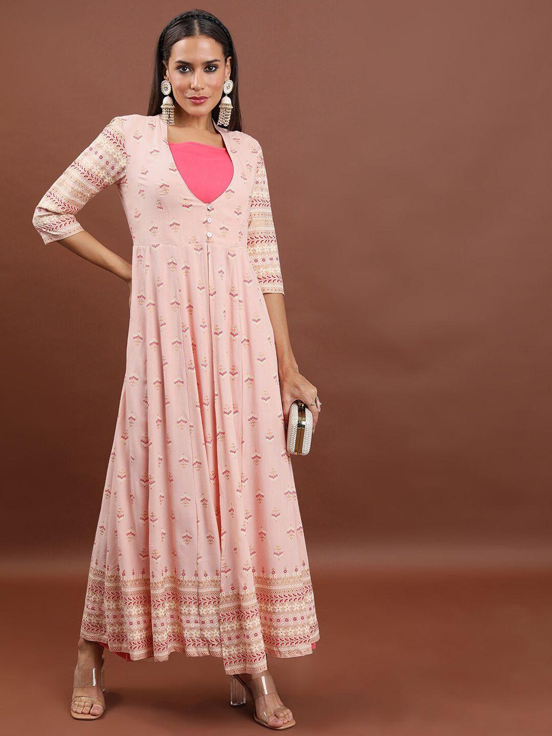 vishudh pink floral printed maxi ethnic dress