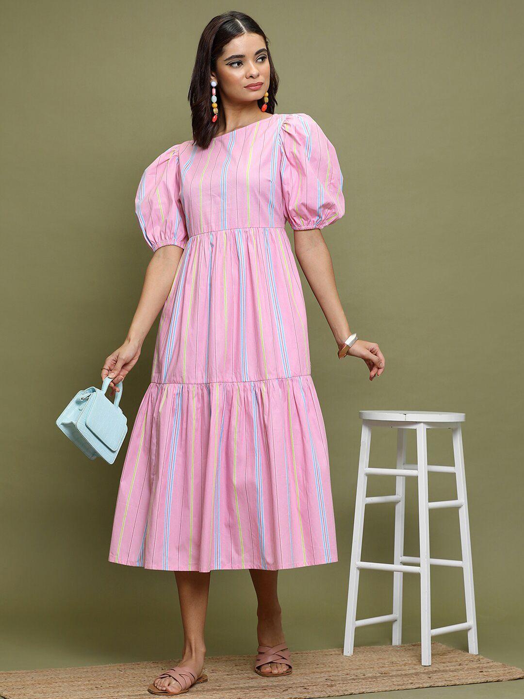 vishudh pink striped puff sleeves a-line midi dress