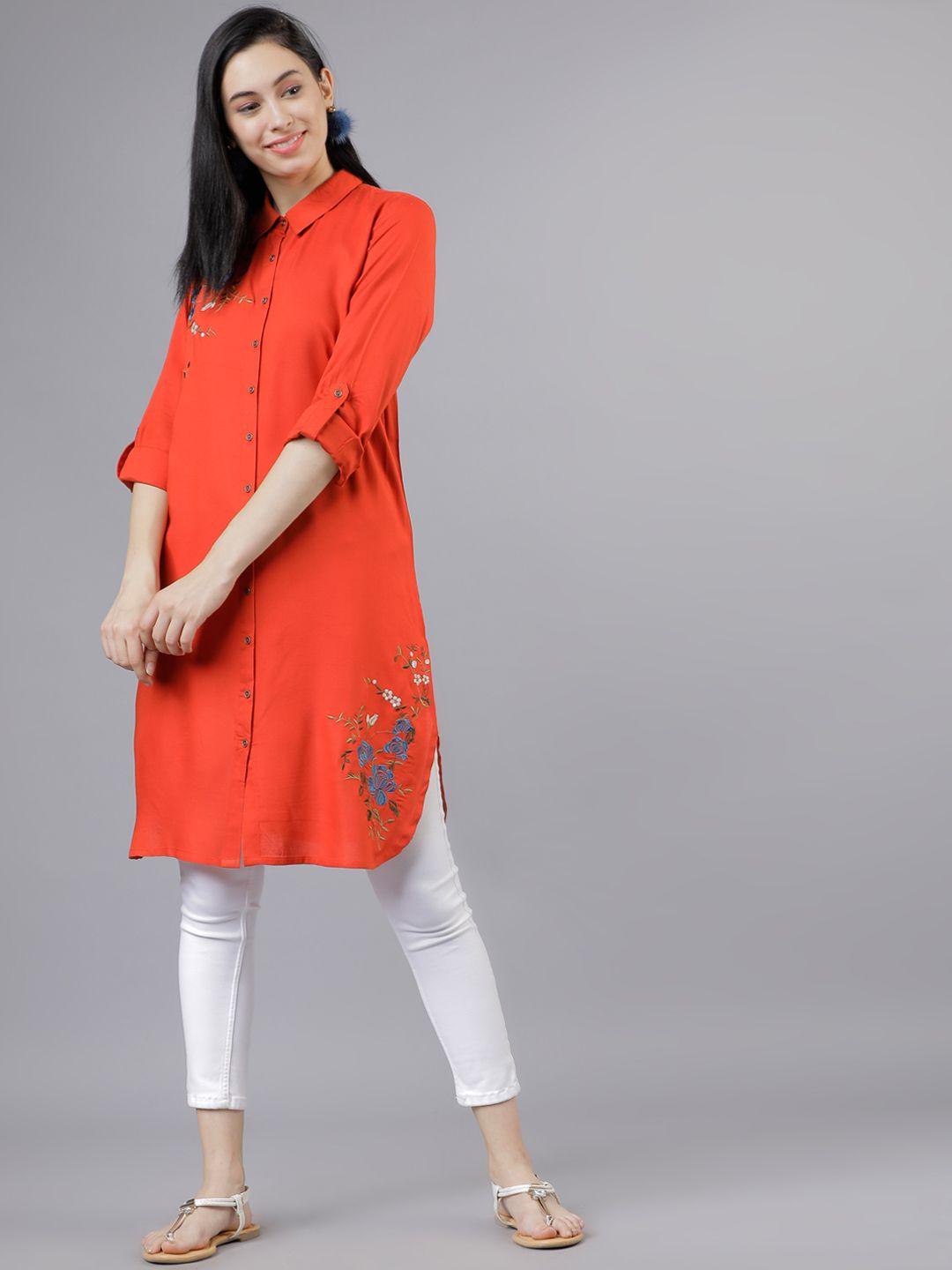 vishudh red embroidered shirt-style tunic