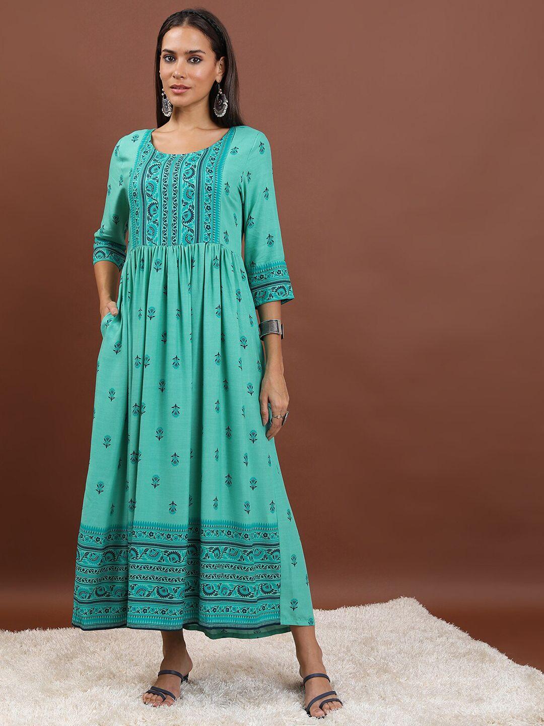 vishudh sea green ethnic motifs printed fit and flare maxi ethnic dress