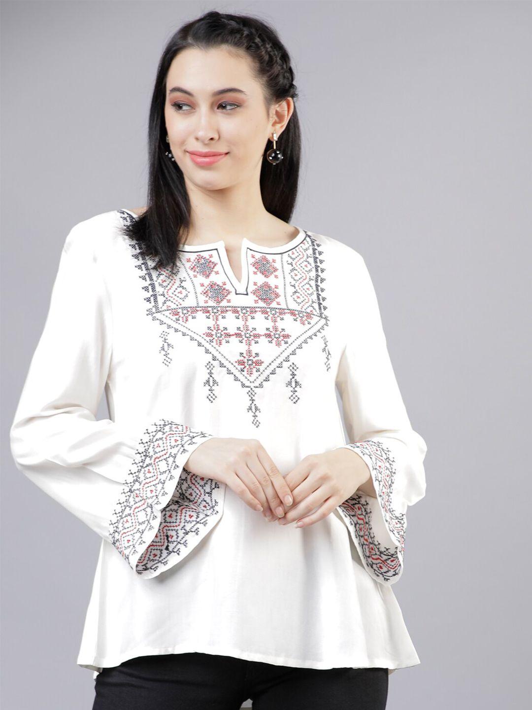 vishudh white ethnic motifs embroidered flared sleeves regular top