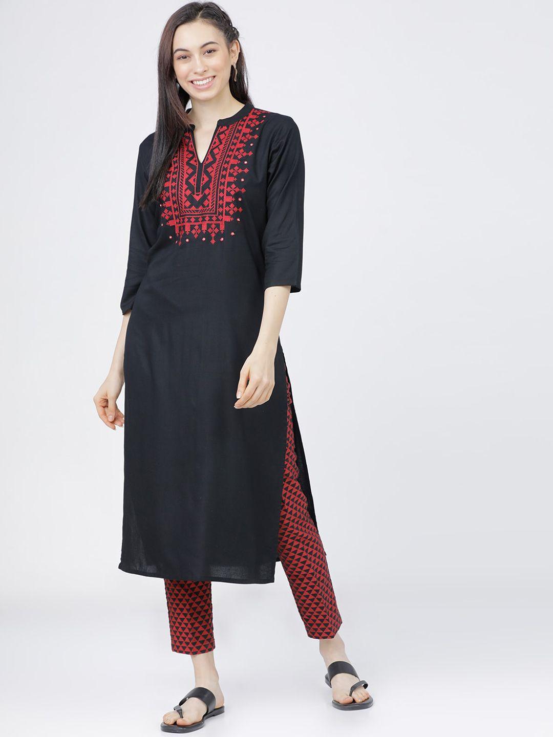 vishudh women black & red yoke design kurta