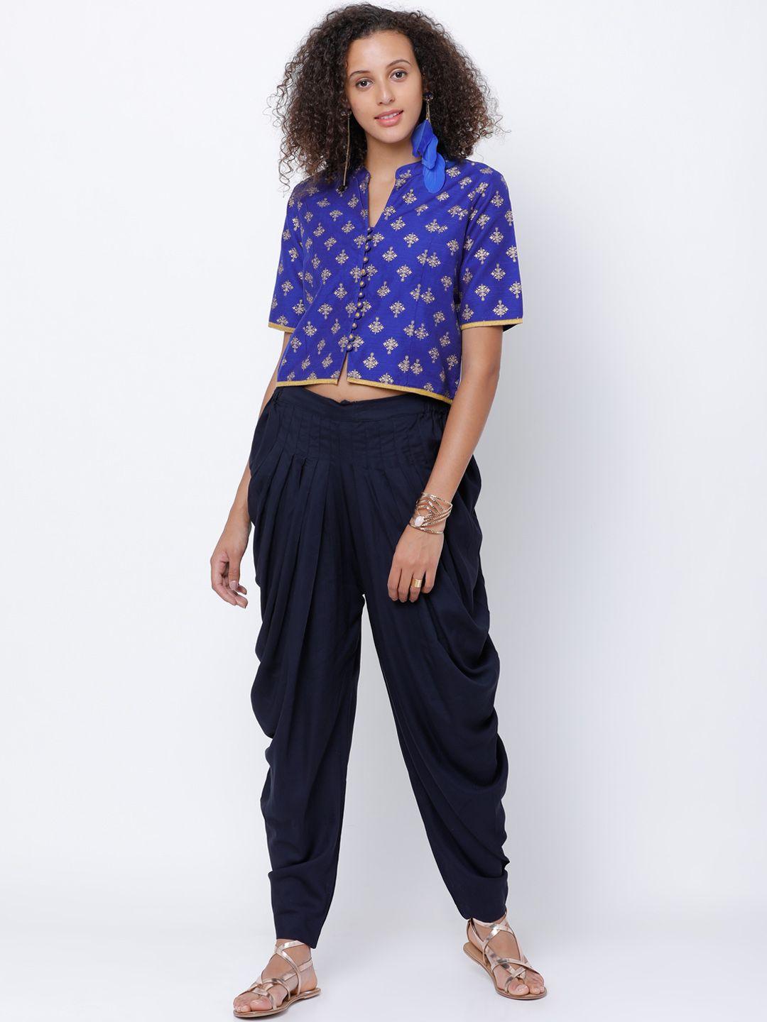 vishudh women blue & navy blue printed top with dhoti pants