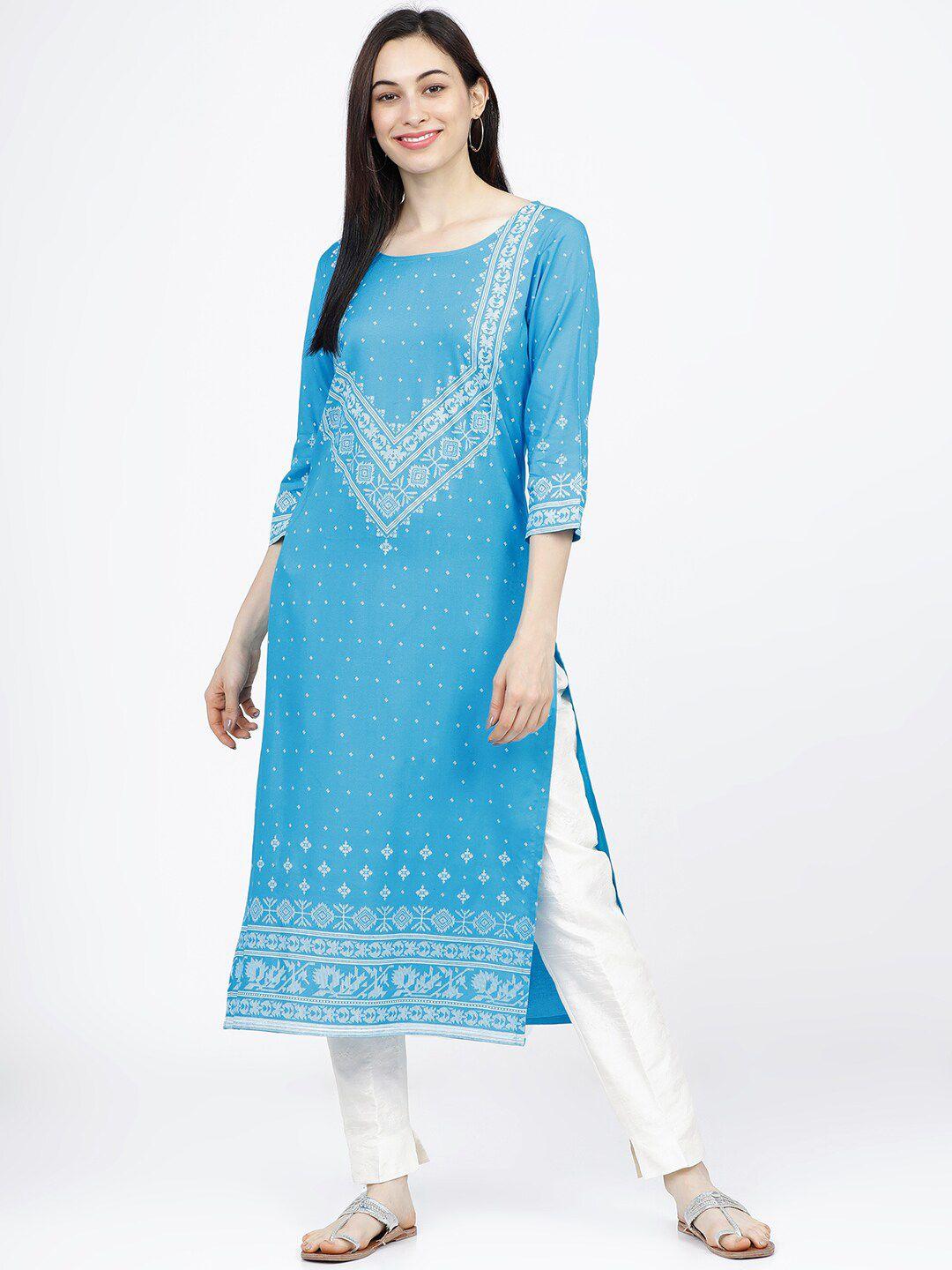 vishudh women blue & white ethnic motifs printed kurta