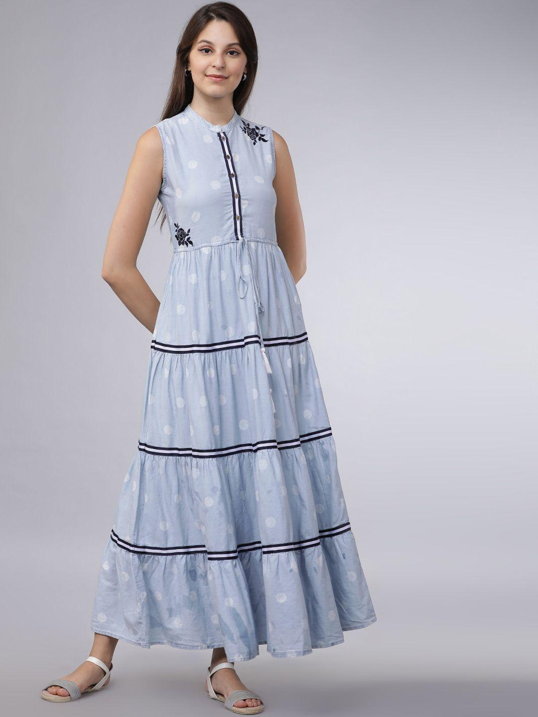 vishudh women blue & white polka dots print maxi dress