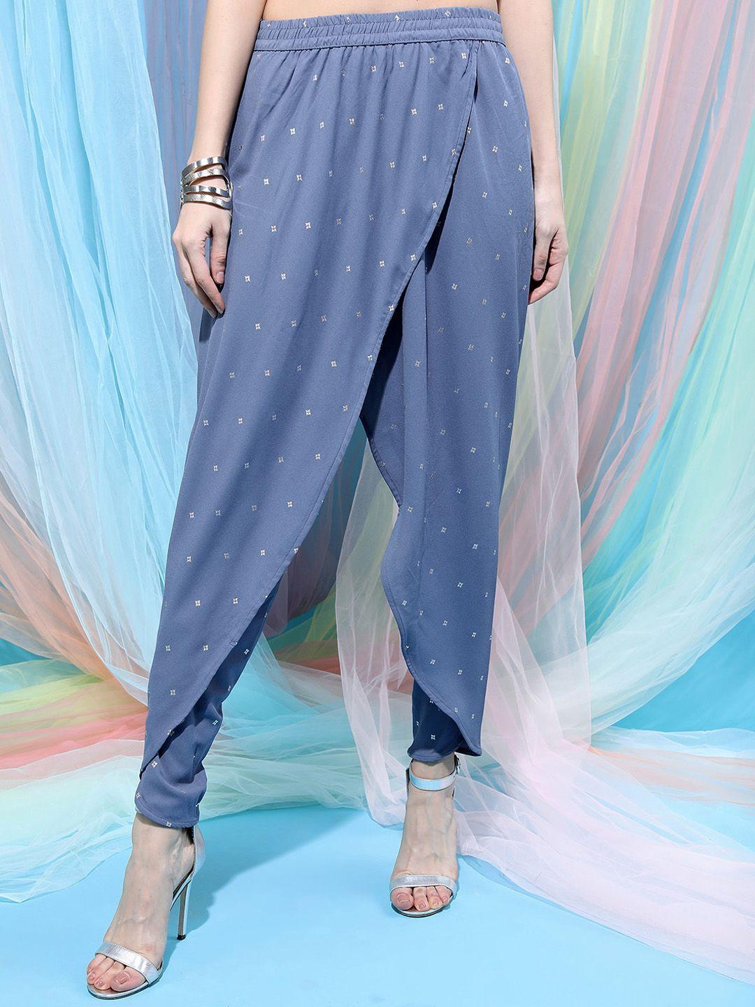 vishudh women blue geometric printed pleated trousers