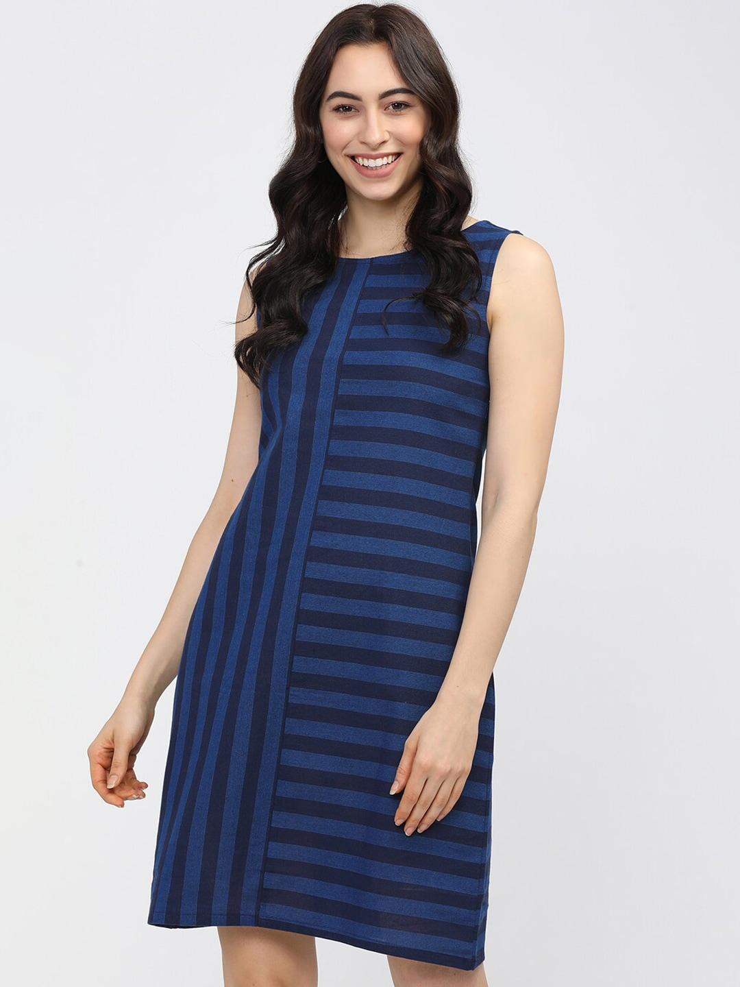 vishudh women blue striped a-line cotton dress