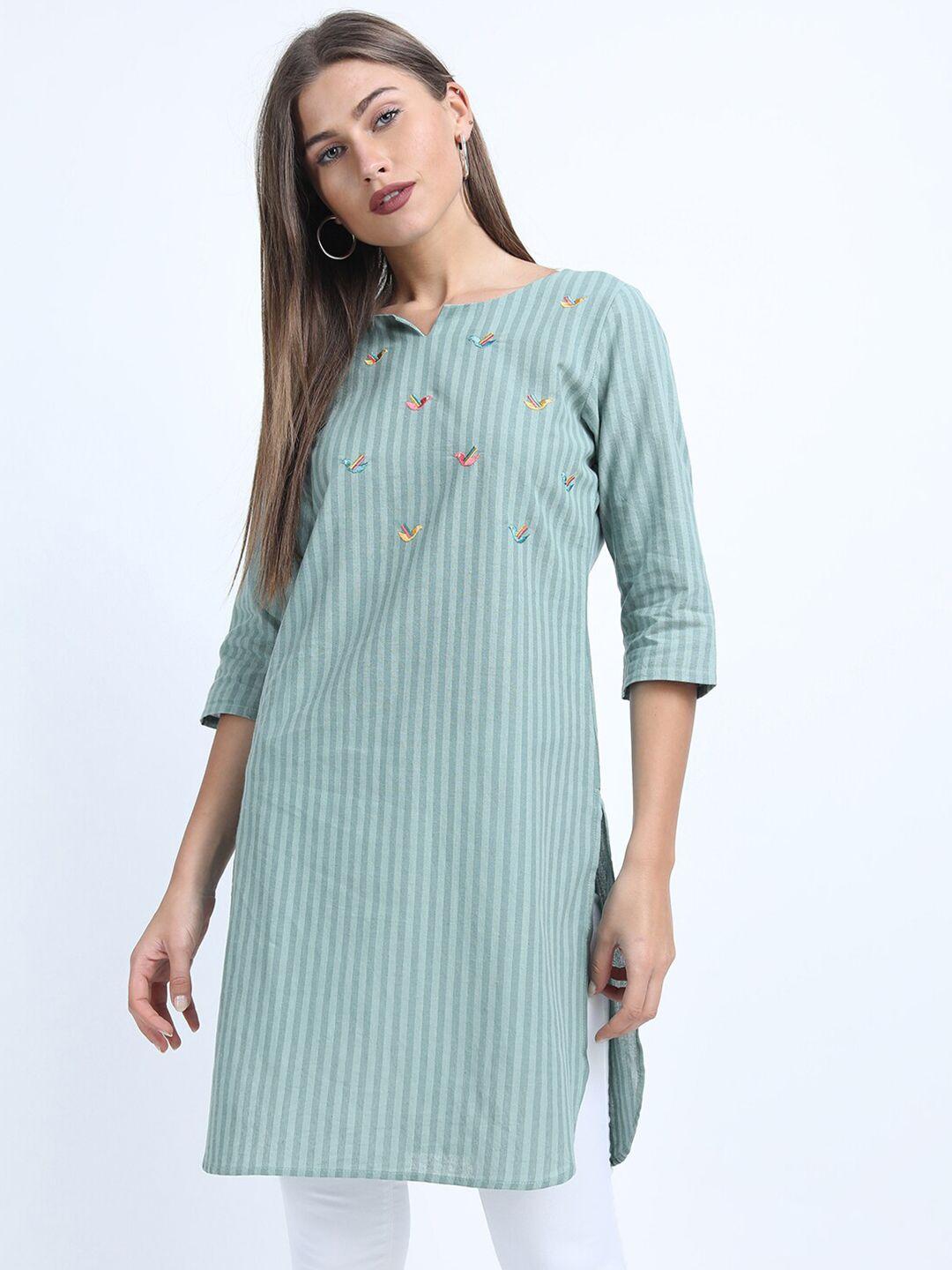 vishudh women blue striped embroidered straight tunic
